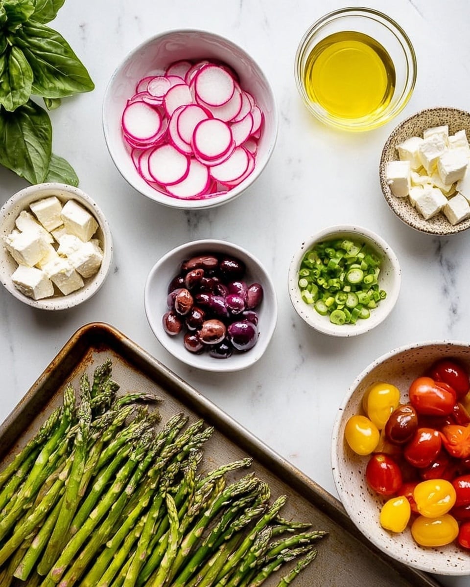 The image shows several white bowls and a baking tray on a white marbled surface, each holding a different ingredient. One white bowl holds thin round slices of pink and white radish, another small white bowl contains chopped green onions. A glass cup with yellow oil is placed near these bowls. Two more white bowls show small cubes of white feta cheese and sliced dark purple olives. A speckled white bowl holds halved red and yellow cherry tomatoes. Below these items, a metal baking tray is filled with evenly arranged green asparagus spears. To the side, there is a bunch of fresh green basil leaves. The setup looks clean and bright, with all ingredients neatly separated, ready for preparation. photo taken with an iphone --ar 4:5 --v 7