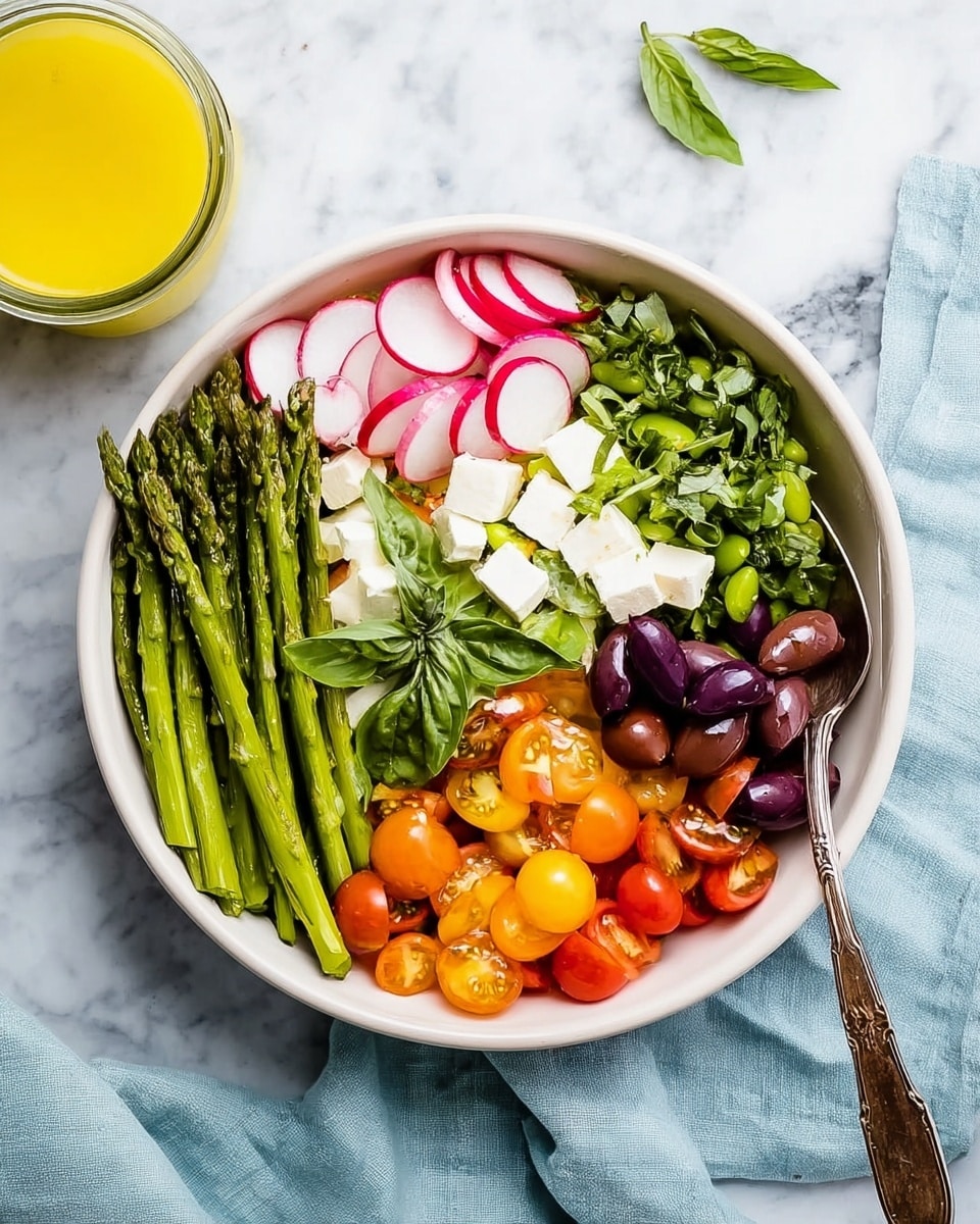 A white bowl filled with six colorful layers of fresh salad ingredients arranged side by side: bright green asparagus spears on the left, thinly sliced white and pink radishes at the top, small white cubes of cheese with fresh green basil leaves in the center, dark purple sliced olives to the right, finely chopped light green scallions below the olives, and yellow and orange cherry tomato halves at the bottom right. A silver spoon rests at the edge of the bowl. The bowl sits on a white marbled surface next to a light blue cloth and a glass jar of yellow dressing. Photo taken with an iphone --ar 4:5 --v 7