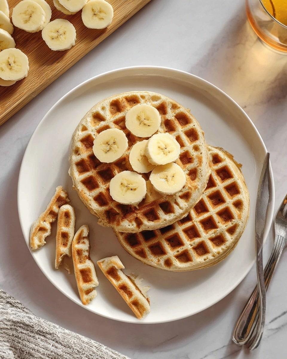 This image shows a white rectangular tray lined with white parchment paper holding seven round golden-brown waffles arranged in a loose stack with some overlapping. Each waffle has a classic grid texture with deep square pockets. Several waffles are topped with three or four slices of light yellow banana, arranged mostly in the center. A few extra banana slices sit on the parchment paper near the edges of the tray. The tray is placed on a white marbled surface. In the top left corner, there is a glass of amber-colored liquid, and a yellow banana is partially visible near the top center. Photo taken with an iphone --ar 4:5 --v 7