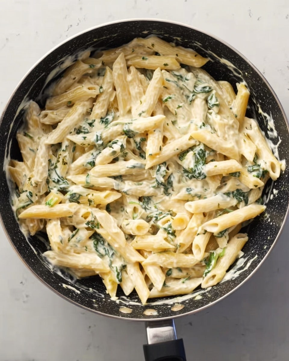A cooking pan filled with cooked penne pasta mixed with creamy white sauce, sprinkled with small pieces of green spinach evenly throughout. The pasta is light beige and looks soft, while the sauce covers each piece gently, giving a smooth texture. The pan has a black outer edge with a white marbled inner surface. The handle is black and extends from the pan. The background is a white marbled texture. photo taken with an iphone --ar 4:5 --v 7