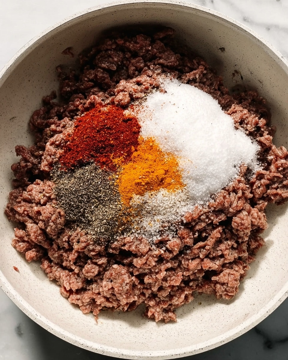 In a white pan filled with cooked ground beef that is brown and crumbly, there is a central pile of several dry spices layered on top. The bottom layer of the pile includes a dark red powder, topped with coarse black pepper, followed by a bright orange powder and a mound of white granulated salt. The mixture is centered in the pan against the brown meat, all placed on a white marbled surface. Photo taken with an iphone --ar 4:5 --v 7
