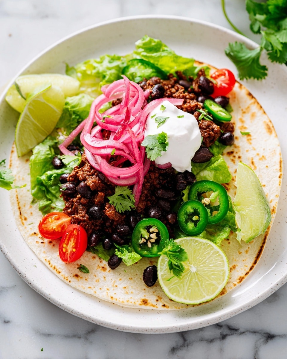 A white plate holds a soft tortilla folded slightly at the back, topped with green lettuce leaves as the first layer. On top of the lettuce are black beans mixed with cooked ground meat in a brownish color, with scattered red cherry tomato halves adding bright pops of color. Thin slices of reddish-pink pickled onions are placed on one side, with a dollop of white sour cream sitting prominently near the center. There are green cilantro leaves and thin slices of green jalapeño peppers sprinkled around as well. Three lime wedges with a fresh, light green color rest on the plate’s edge, all set against a white marbled surface. photo taken with an iphone --ar 4:5 --v 7