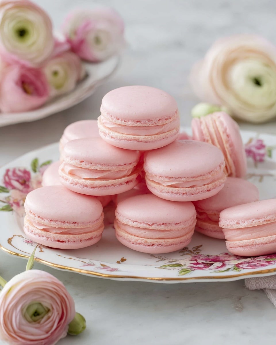 The image shows a group of soft pink macarons arranged on a white porcelain plate with delicate floral and gold trim designs. Each macaron has two smooth, rounded light pink shells with a slightly ruffled edge, sandwiching a creamy pink filling. Some macarons lie flat, while a few stand upright, showing more of the filling’s thickness. Around the plate and at the foreground, there are soft pink and white ranunculus flowers adding a fresh, gentle touch to the scene. The whole setup is on a white marbled surface, creating a light and airy atmosphere. photo taken with an iphone --ar 4:5 --v 7