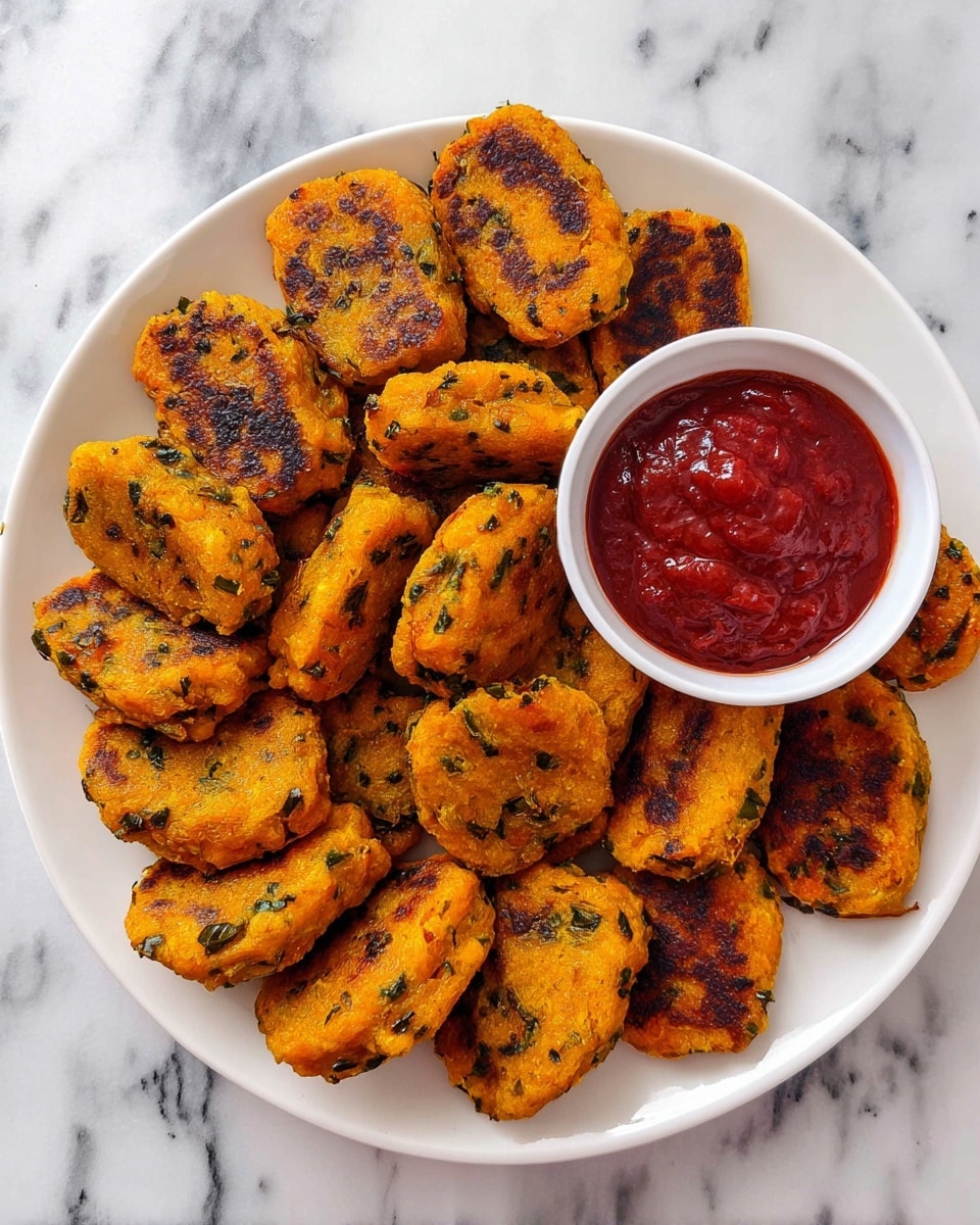 A white round plate filled with many small, golden-orange rectangular patties that have dark green specks and some brown grilled marks, arranged in a piled manner. On the right side of the plate, there is a small white bowl filled with bright red, thick sauce. The plate is placed on a white marbled surface. photo taken with an iphone --ar 4:5 --v 7