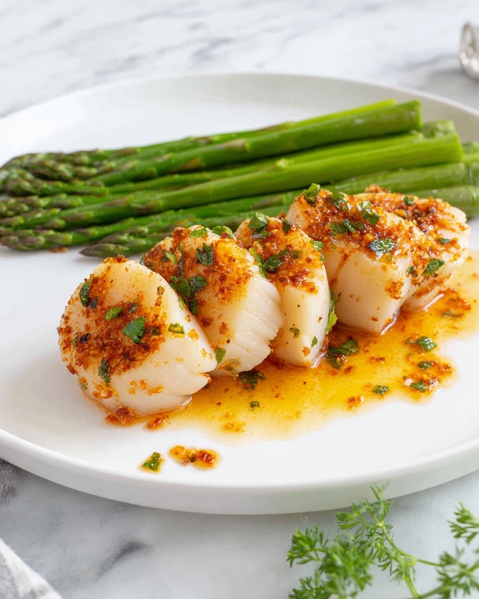 A white plate holds a simple dish with two main parts: a row of green asparagus spears arranged horizontally at the back, and in front, a small pile of seared scallops. The scallops are pale white with a golden-brown crust on the sides, sprinkled with small bits of chopped green herbs and tiny garlic pieces. Some orange-brown oil or sauce is puddled slightly beneath the scallops, adding a glossy shine. The plate is set on a white marbled surface, and a small sprig of green herb is seen in the lower right corner. photo taken with an iphone --ar 4:5 --v 7