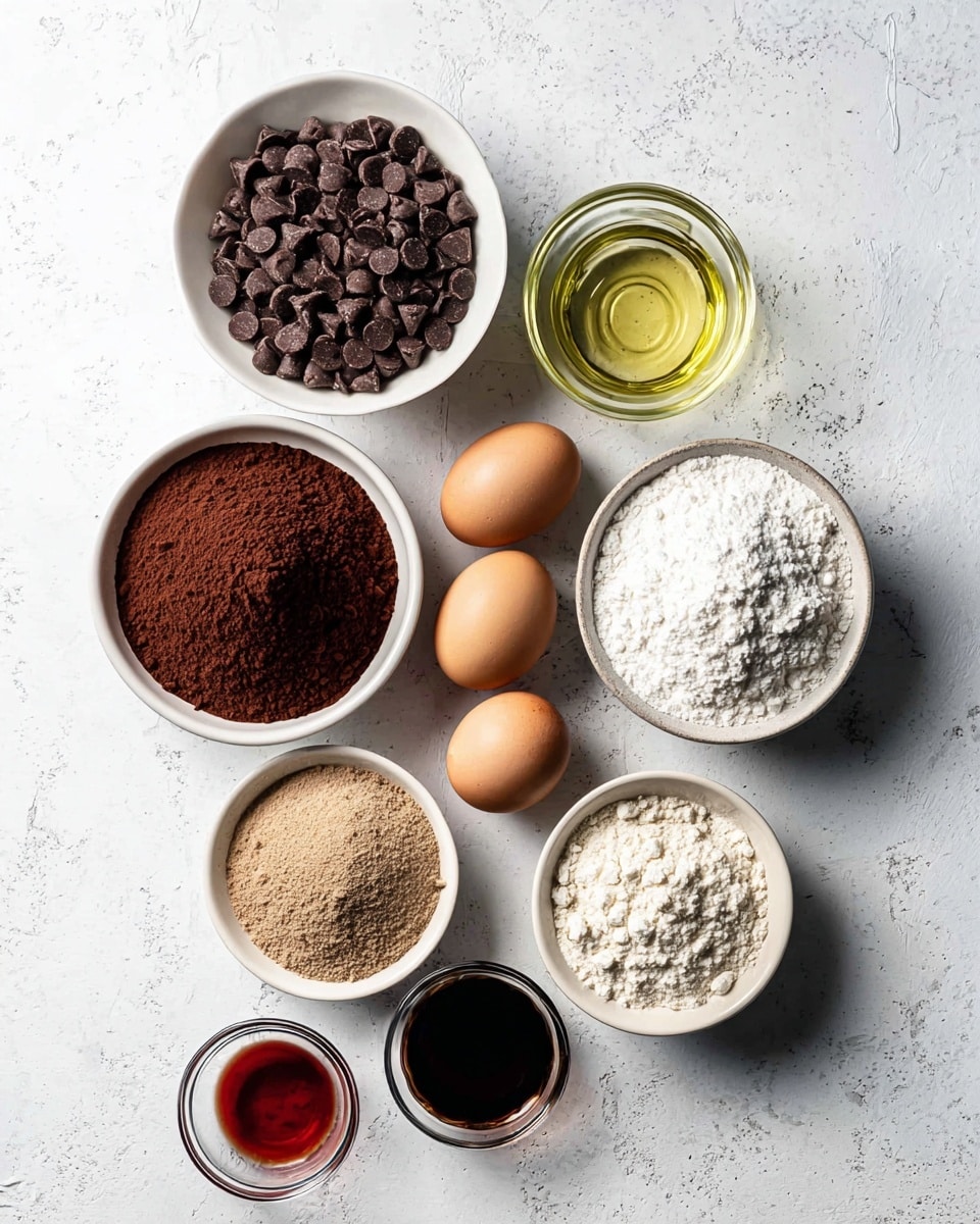 The image shows eleven ingredients placed on a white marbled surface, arranged in a loose grid. At the top left is a white bowl filled with dark brown chocolate chips. To its right is a small clear glass jar with a light yellow oil. Below the chocolate chips is a white bowl filled with medium brown cocoa powder, next to a clear glass bowl filled with white granulated sugar. Near the center are three brown eggs placed side by side. Below the cocoa powder is a white bowl with very dark brown cocoa powder, and to its right is a small white bowl with light brown powder, likely baking soda or baking powder. Further down, a white bowl holds light brown soft sugar next to a small bowl with a dark brown liquid, probably vanilla extract. At the bottom left is a small clear glass bowl with a red liquid, and next to it is a larger white bowl filled with white flour. The whole arrangement is clean and well lit. photo taken with an iphone --ar 4:5 --v 7