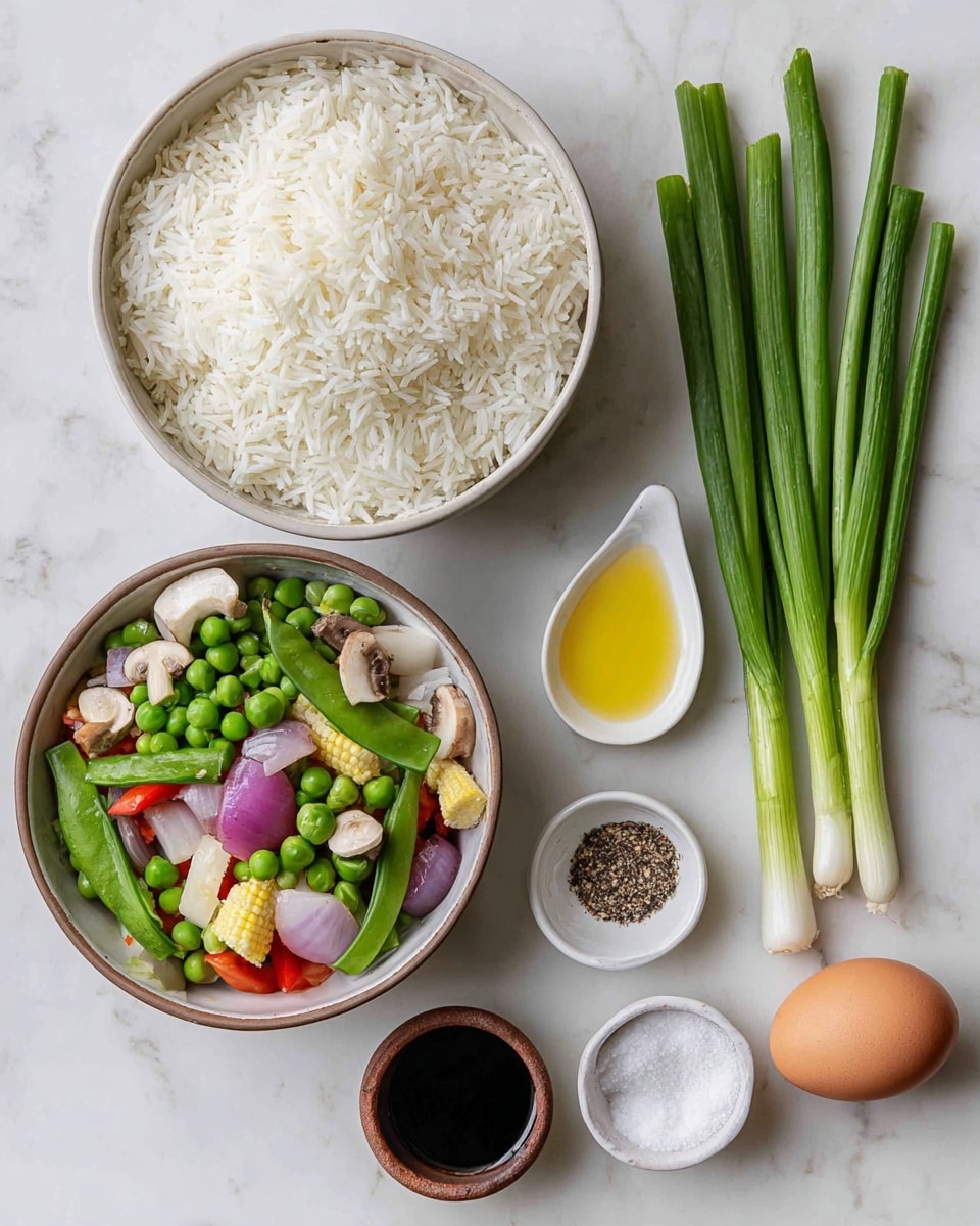 A bowl of white cooked rice with soft, fluffy grains sits at the top left, next to a bowl filled with mixed vegetables including green peas, sugar snap peas, baby corn, sliced mushrooms, red bell pepper, and red onions, which show a mix of green, yellow, purple, and red colors with a slightly frosty texture. To the right, three fresh green onions with white roots lie on a white marbled surface. Below the onions, there is a small white dish with a yellow liquid, another small white dish with a dark brown liquid, a small brown bowl with white powder, a small white bowl containing coarse salt and black pepper, and a brown bowl holding a whole brown egg. All the items are placed on a white marbled surface. photo taken with an iphone --ar 4:5 --v 7