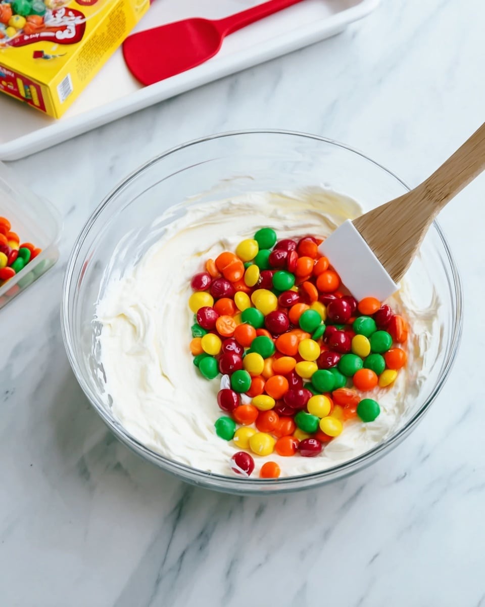 A clear glass bowl sits on a white marbled surface. Inside the bowl, there is a thick layer of smooth, white cream filling the bottom and surrounding the middle. On top of this cream, there is a colorful pile of small, shiny candy pieces in red, green, yellow, and orange, scattered mostly in the center. A wooden spatula with a white silicone head rests inside the bowl, partially dipped into the cream near the candies. In the background, there is a white tray with a red silicone spatula and a yellow box of colorful candy. Photo taken with an iphone --ar 4:5 --v 7