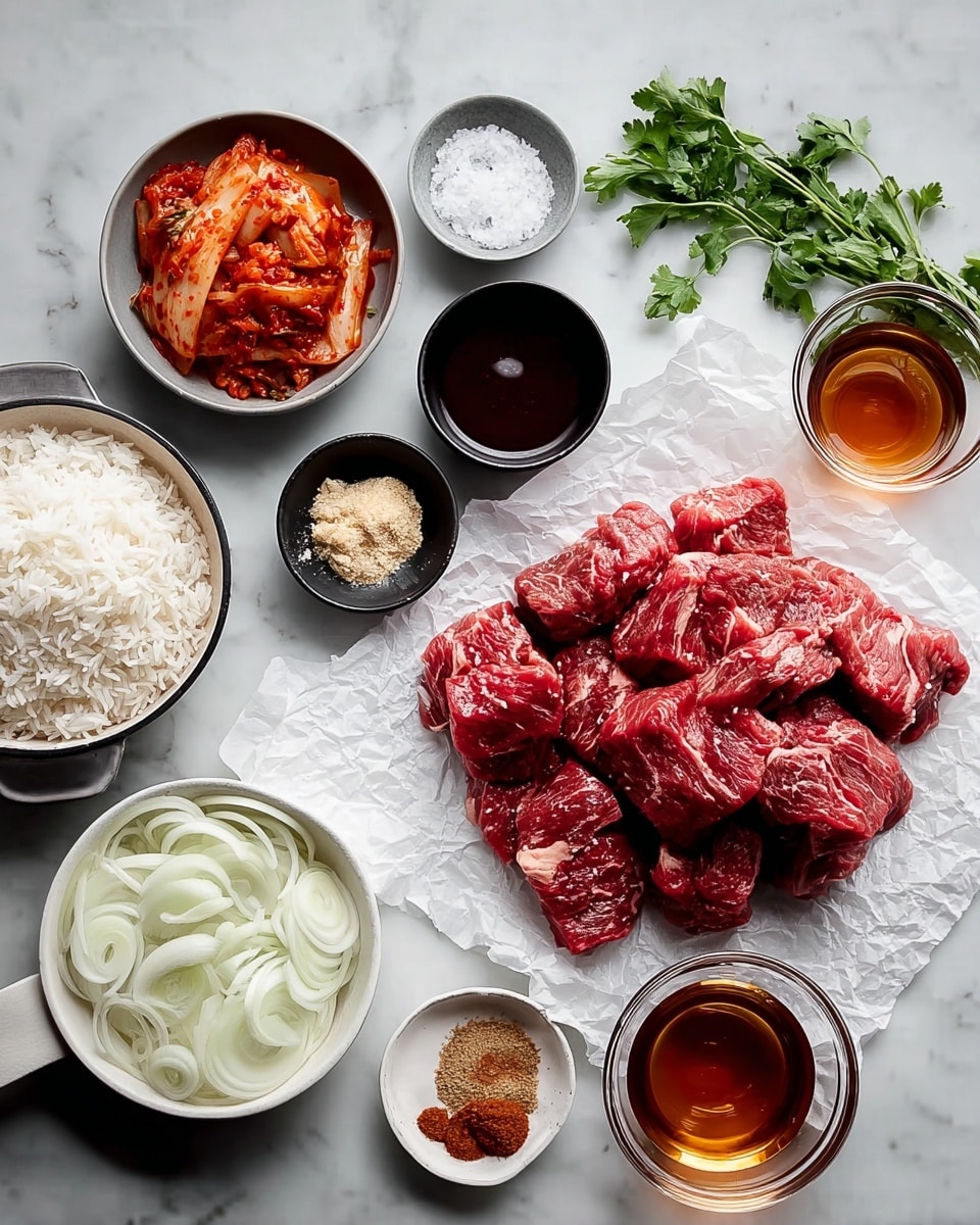 In the center, there is a pile of raw red meat pieces with visible white marbling, placed on crinkled white paper. Around it are small bowls with various ingredients: to the bottom left, a white pan filled with cooked white rice; to the top left, a gray bowl holds red and orange kimchi with greens; a black bowl contains coarse white salt, and small bowls contain minced garlic, red sauce, grated ginger, and brown sugar. To the right, a glass bowl holds a dark amber liquid, and a medium white bowl has thinly sliced white onions with a bunch of fresh green herbs nearby. All items are on a white marbled surface. Photo taken with an iphone --ar 4:5 --v 7