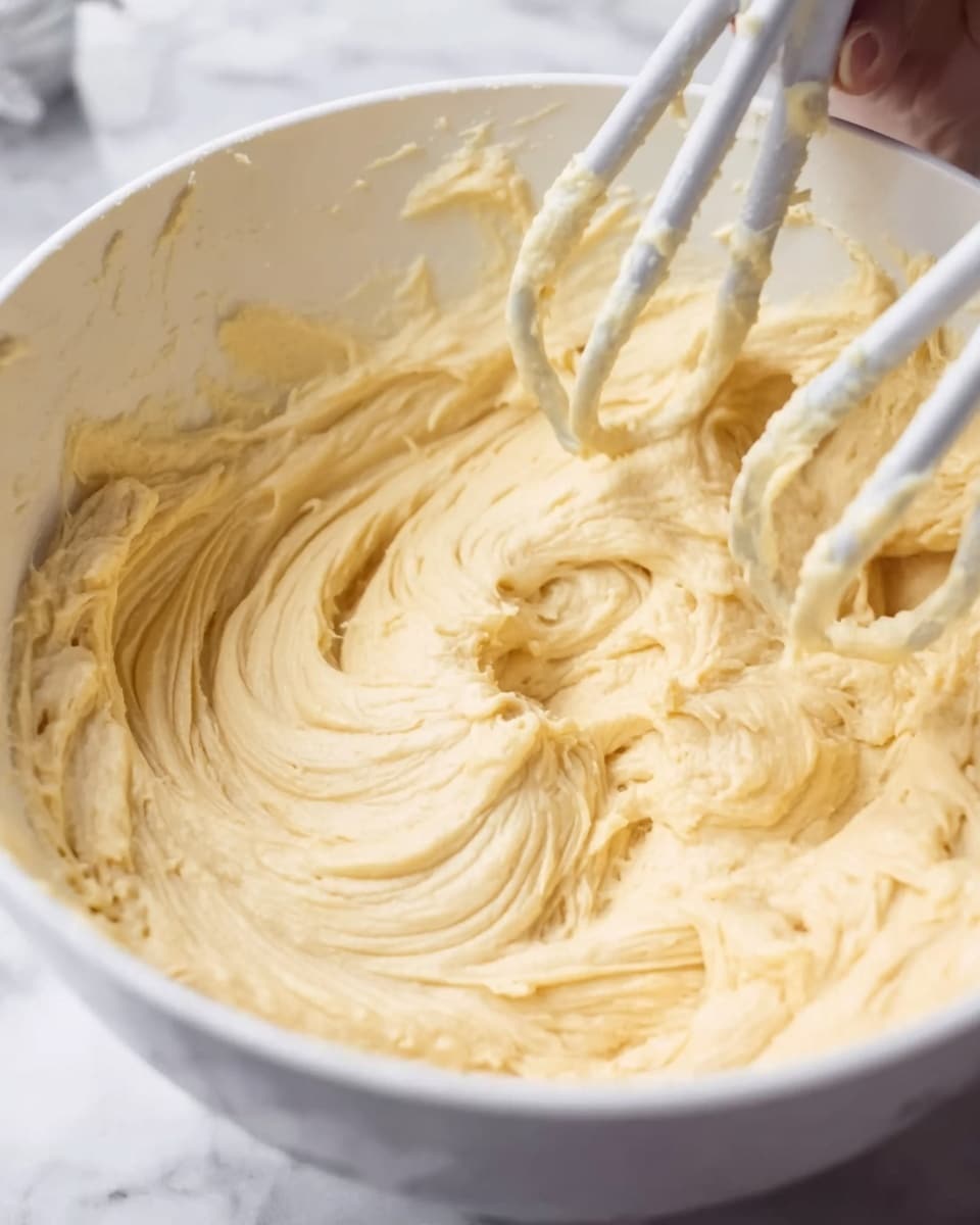 The image shows a white bowl filled with smooth, creamy pale yellow dough being mixed by two white beaters. The dough has a soft, thick texture with some swirled patterns visible where it has been moved by the beaters. The bowl is placed on a white marbled surface, and a woman's hand is holding the bowl from the side. The background is softly blurred to keep the focus on the dough mixture. photo taken with an iphone --ar 4:5 --v 7