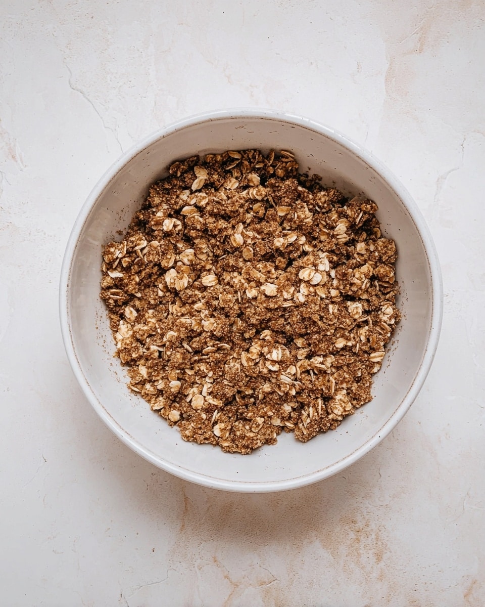 A white ceramic bowl filled with a single layer of crumbly, brown oat topping. The topping has a mix of coarse and small pieces, with visible oats and a rough texture. The bowl sits on a white marbled surface with faint beige details. Photo taken with an iphone --ar 4:5 --v 7