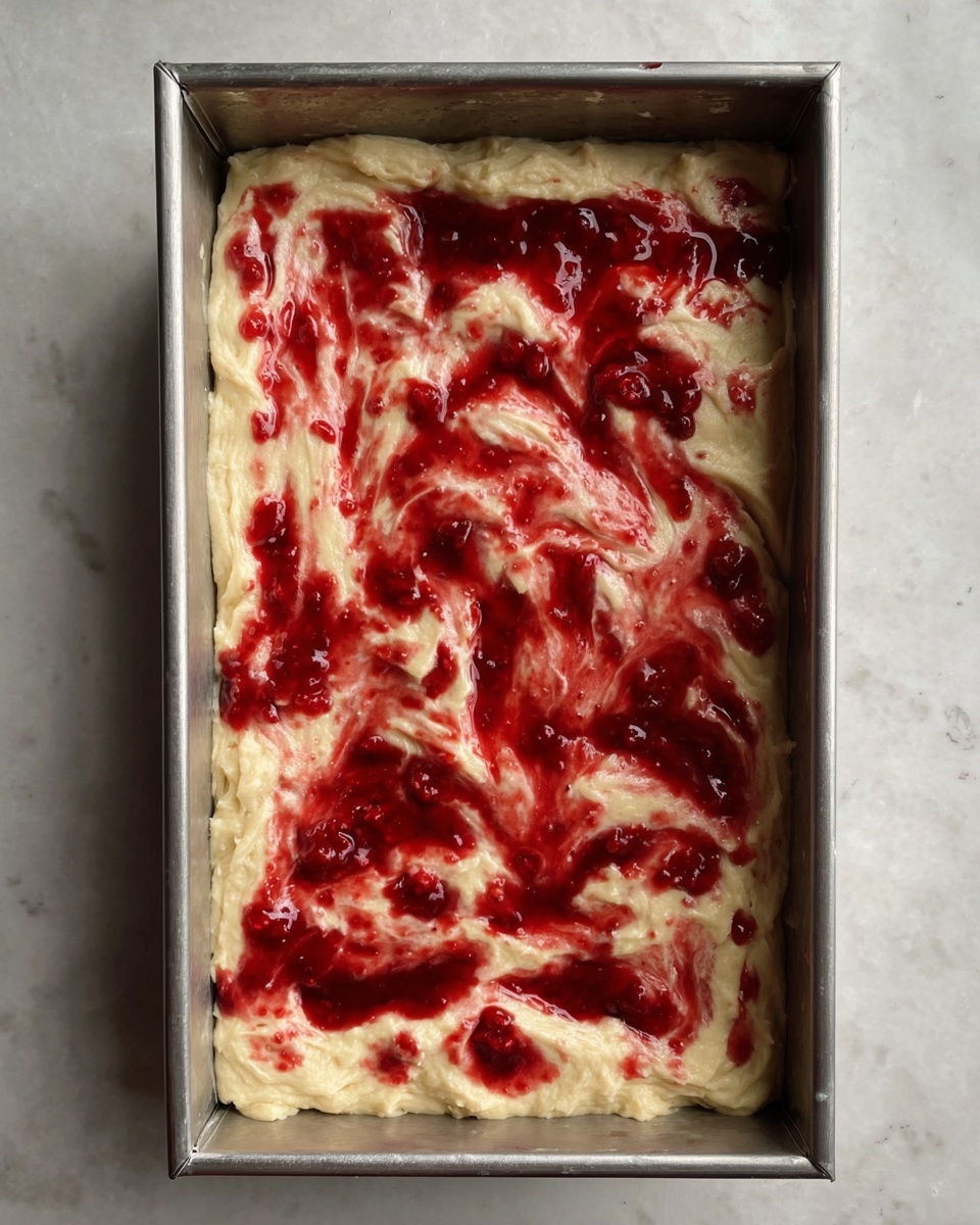 The image shows a metal rectangular baking pan filled with a thick layer of pale yellow dough that is uneven and puffy, topped with spread patches of bright red berry jam that has a shiny and sticky texture. The jam is spread unevenly across the dough, creating a mix of red and light dough colors that blend together in swirls. The pan sits on a white marbled surface. photo taken with an iphone --ar 4:5 --v 7