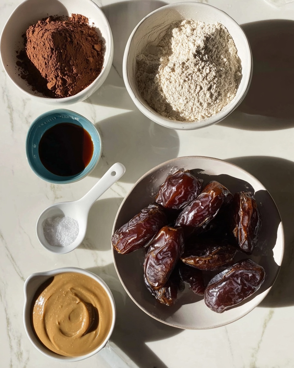A close-up of six bowls and one white spoon with ingredients arranged on a white marbled surface. The biggest white bowl at the bottom right holds a pile of dark brown sticky dates with shiny, wrinkled skin. Just above it to the right is a white bowl filled with pale beige flour that looks soft and powdery. Next to it on the left is another white bowl holding fine brown cocoa powder that has a smooth but cracked surface. Below that bowl is a white measuring cup filled with smooth light brown creamy peanut butter. To the left of the cup, a small white spoon holds dark brown thick vanilla extract. Finally, a smaller white bowl with a blue inner part contains a pinch of fine white salt. Bright sunlight casts soft shadows. Photo taken with an iphone --ar 4:5 --v 7