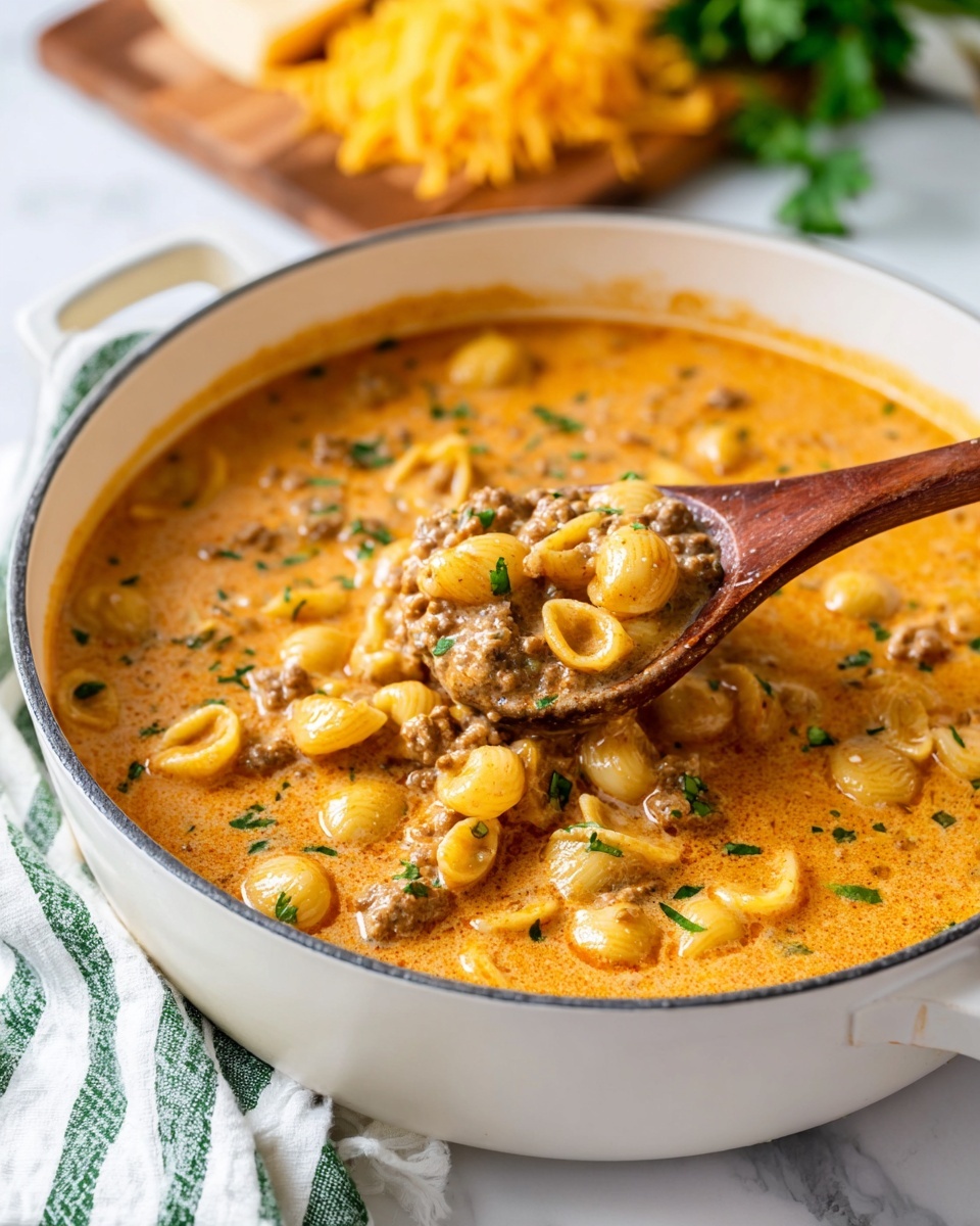 A white pan filled with a creamy orange soup that has small pasta shells and pieces of ground meat mixed in. The soup looks thick with a smooth texture, and green herbs are sprinkled on top. A wooden spoon is inside the pan, lifting some of the soup, showing the pasta and meat clearly. In the background, there is a wooden board with some yellow cheese on it, and white cloths with green stripes are beside the pan on a white marbled surface. Photo taken with an iphone --ar 4:5 --v 7