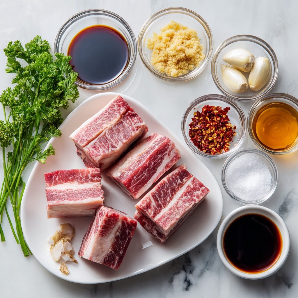 A white oval plate at the bottom left holds six thick pieces of raw beef short ribs, light pink with white fat marbling and firm texture. Around the plate and in the upper area, there are seven clear glass bowls each with a different ingredient: a large bowl with dark brown soy sauce on the left, a medium bowl of light yellow minced ginger and three whole white garlic cloves at the top, another medium bowl on the top right with amber liquid, a medium bowl in the center with light brown sesame seeds, a small bowl below it with red chili flakes with scattered flakes around, a small bowl with white salt on the right, and a large bowl with dark brown liquid at the bottom right. Fresh green parsley sprigs are placed on the left side. All items rest on a white marbled surface photo taken with an iphone --ar 4:5 --v 7