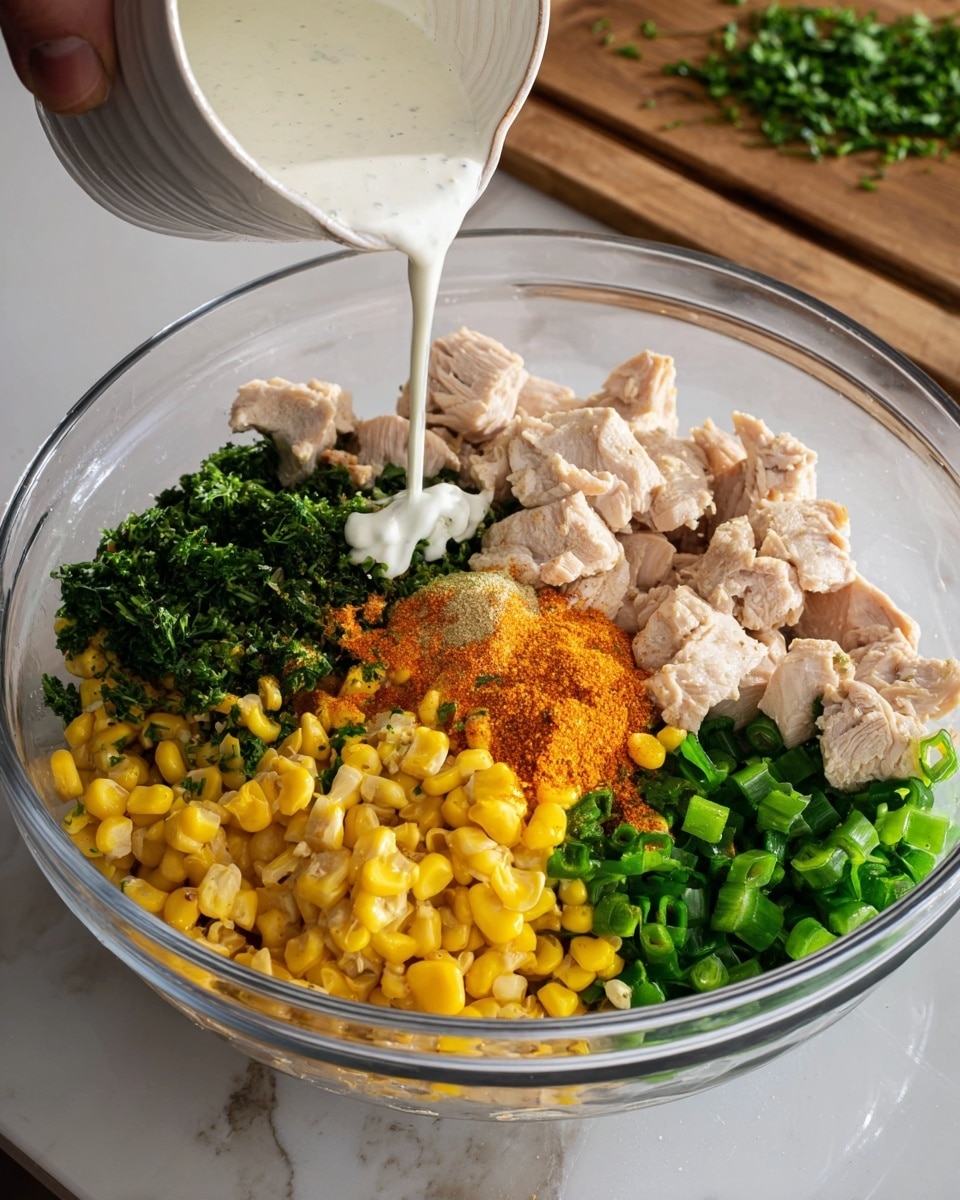 A clear glass bowl holds six separate layers of ingredients. Starting from the top right, there is a layer of light beige cooked chicken pieces with a tender texture, followed clockwise by a dark green leafy herb, a layer of bright green sliced scallions, and next to them a mound of orange seasoning powder. Below that is a layer of medium green diced jalapeño peppers, then a pile of bright yellow grilled corn kernels with slight brown char marks. A white creamy sauce is being poured from a white bowl held by a woman's hand from above into the center of the bowl. The bowl sits on a surface with a white marbled texture and in the background is a wooden cutting board with some green herbs. Photo taken with an iphone --ar 4:5 --v 7