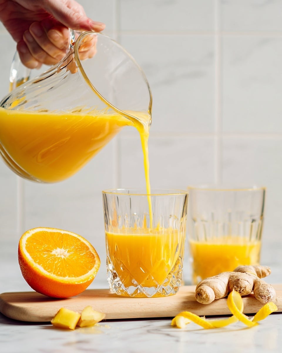 A woman's hand pours bright yellow-orange juice from a clear glass pitcher into a clear faceted glass sitting on a light wooden board. Next to the glass are fresh orange half with bright orange flesh, ginger root pieces with tan and light brown skin, and a yellow lemon peel twist curled in front. Another clear glass with the same juice is partly visible on the right. The background is a white marbled surface and a white tiled wall. Photo taken with an iphone --ar 4:5 --v 7