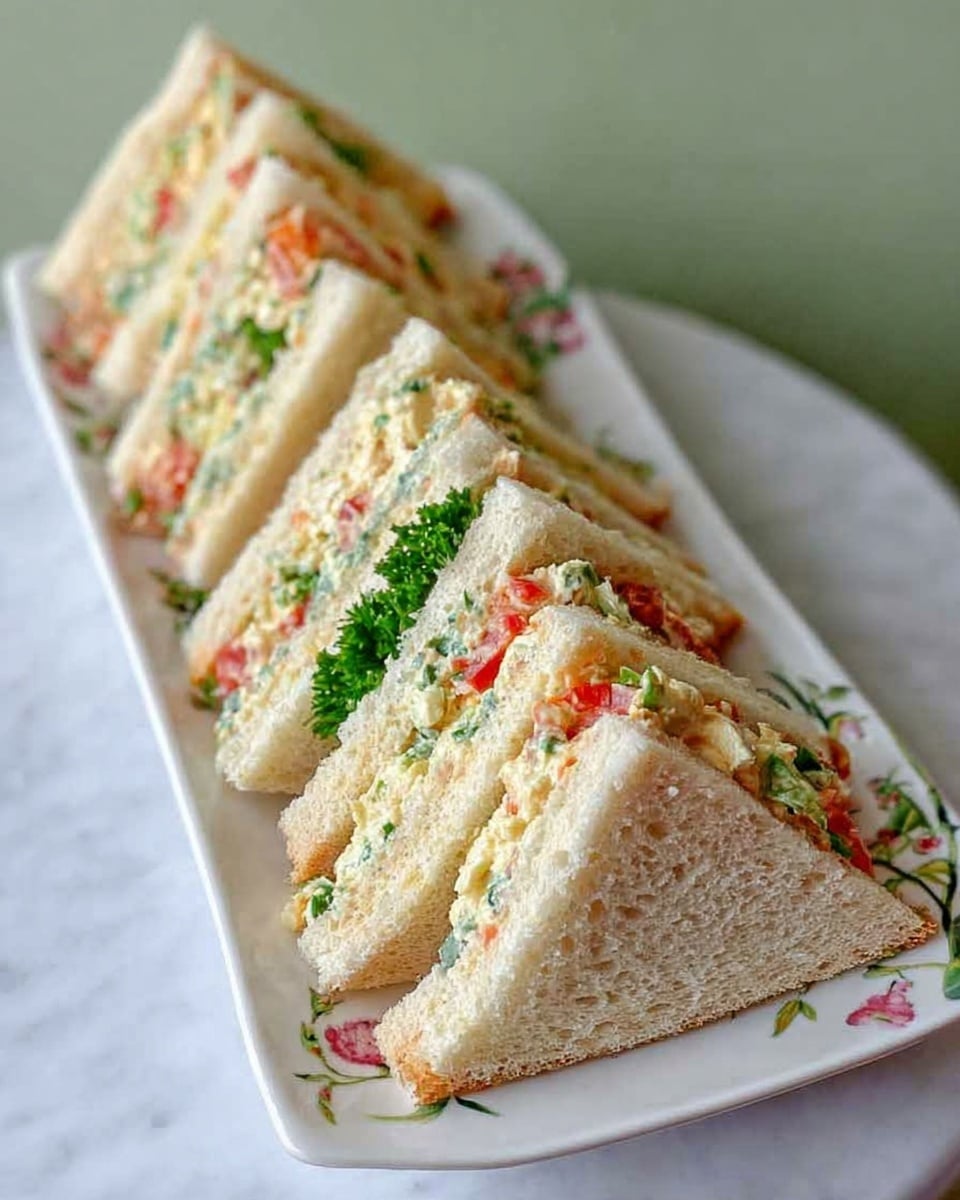 The image shows three triangular white bread sandwich pieces stacked close together, each with two layers of filling. The filling is creamy white with green leafy bits and small red pieces, giving a fresh, mixed texture inside the soft white bread. The sandwich is placed on a white plate next to a small pile of crispy, orange-brown potato chips. The background is a white marbled texture. photo taken with an iphone --ar 4:5 --v 7