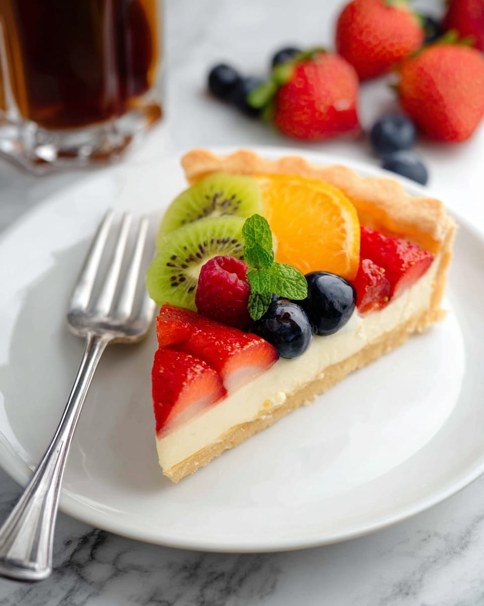 A slice of fruit tart with three visible layers: a light golden-brown crust on the bottom, a creamy white filling in the middle, and a colorful layer of fresh fruit on top. The fruit layer shows neat rows of red strawberry slices, bright green kiwi slices, plump dark blue blueberries, an orange segment, and a red raspberry with a small green mint leaf. The tart slice is on a plain white plate with a silver fork placed to the left of it. In the background, there are whole strawberries, blueberries, and a glass with a dark beverage. The surface is white with a marbled texture. Photo taken with an iphone --ar 4:5 --v 7