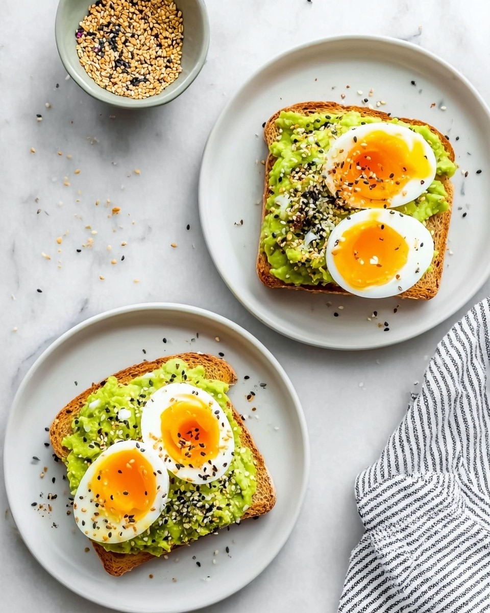 Two white plates on a white marbled surface each hold a single piece of square toast with mashed avocado spread evenly over it. On top of the avocado, there are two halves of a soft-boiled egg with bright orange yolks that are slightly runny, and they are sprinkled with black and white sesame seeds and other seasoning. To the top left, there is a bowl filled with the same seasoning mix, and to the bottom right, there is a striped cloth. Photo taken with an iphone --ar 4:5 --v 7