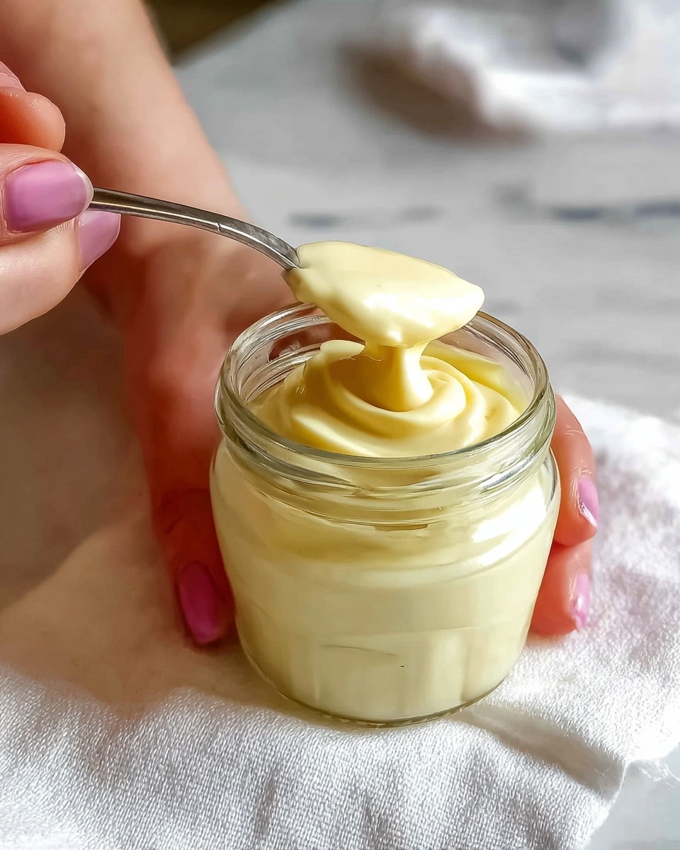 A close-up of a small glass jar filled with thick, creamy pale yellow sauce. The sauce has a smooth, rich texture and swirls softly inside the jar. A woman's hand with pink nails holds the jar steady on a white cloth, while the other woman's hand holds a small silver spoon scooping up the sauce. The background is a white marbled texture, and the soft lighting highlights the sauce’s glossy surface. photo taken with an iphone --ar 4:5 --v 7