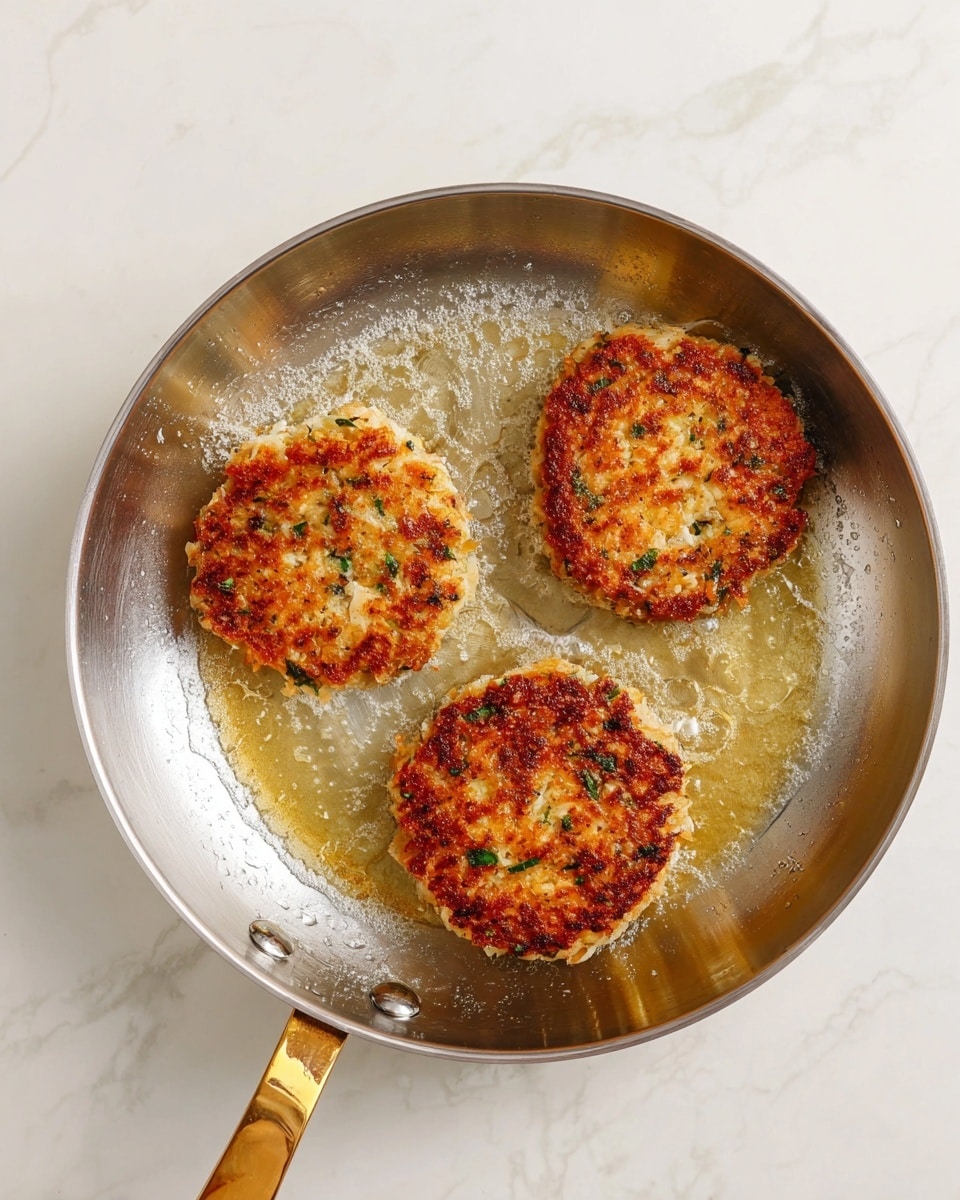 Three golden brown crab cakes with a slightly rough texture and small green herb bits are cooking in a shiny silver pan with a golden handle, visible oil sizzling around them. The pan is placed on a white marbled surface that adds a clean and bright look to the image. The crab cakes are evenly spaced, showing their thick, round shape and crisp exterior. photo taken with an iphone --ar 4:5 --v 7