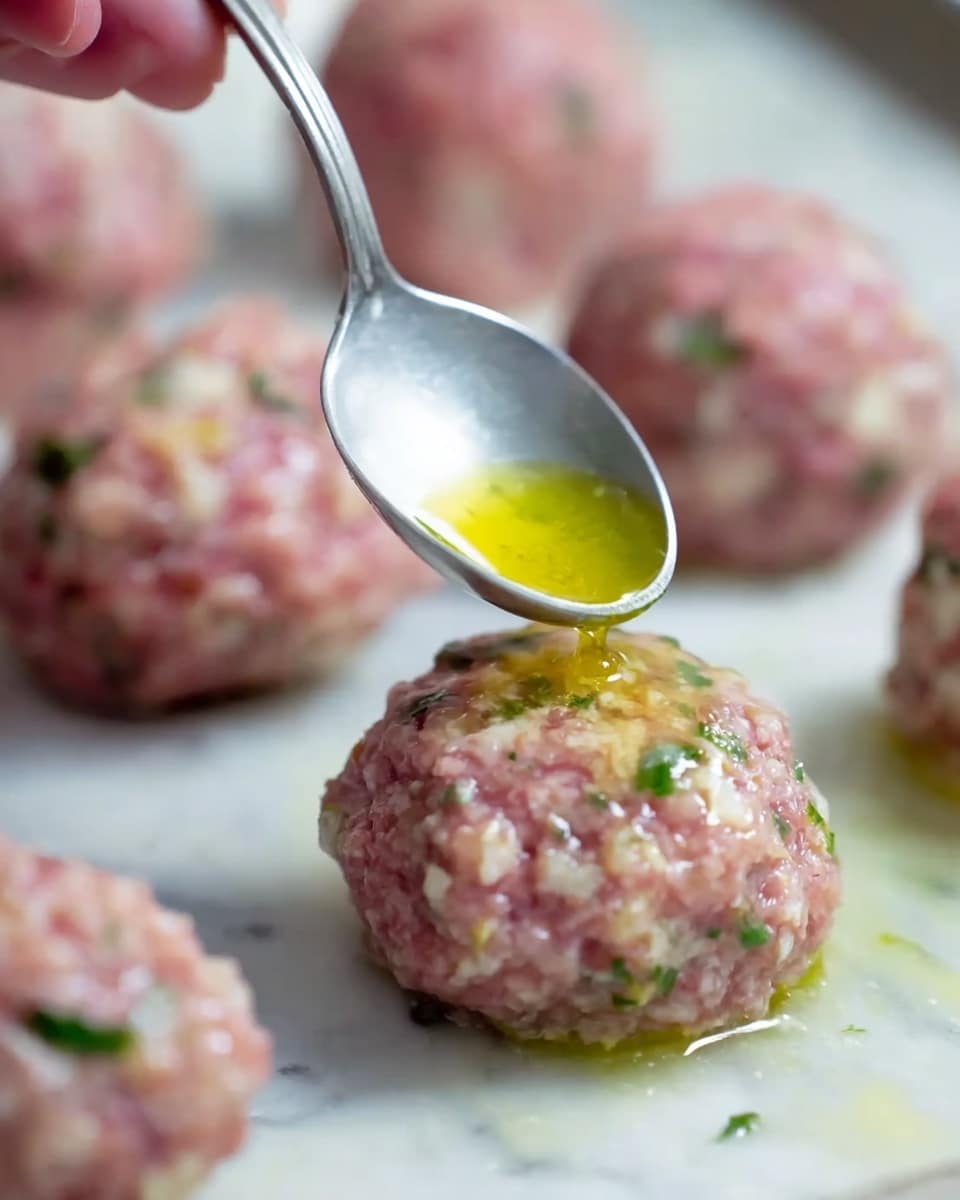 The image shows several raw meatballs placed on a white marbled surface. Each meatball is a round mound of pinkish ground meat mixed with small bits of white and green ingredients, giving a textured look. A silver spoon is held by a woman's hand, dripping a shiny yellow liquid with green herbs over one meatball in the center, making the top of it look moist and glistening. The background has a soft focus on other meatballs, emphasizing the one being glazed. Photo taken with an iphone --ar 4:5 --v 7