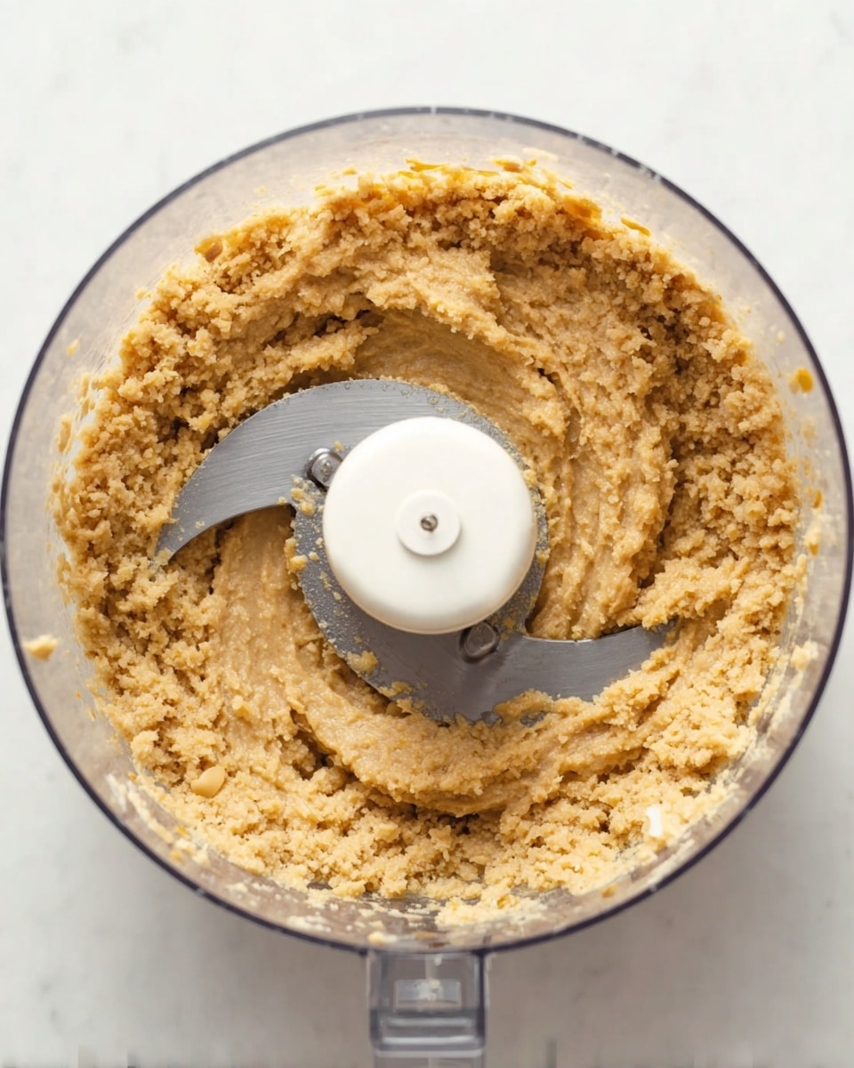 A close-up top view of a food processor bowl filled with a thick, coarse, light brown mixture with small bits visible throughout. The bowl is clear plastic, and the metal blade with a white plastic center is partly covered by the mixture. The mixture is spread around the bowl with some sticking to the sides near the top. The background texture is white marble. photo taken with an iphone --ar 4:5 --v 7