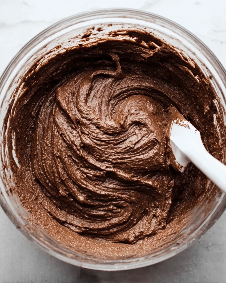 A close-up top view of a thick, creamy chocolate mixture being stirred inside a clear bowl. The mixture is a rich dark brown color with a smooth and slightly textured surface showing swirls from mixing. A white spatula is partially visible on the right side, covered in the chocolate mixture. The bowl sits on a white marbled surface. photo taken with an iphone --ar 4:5 --v 7