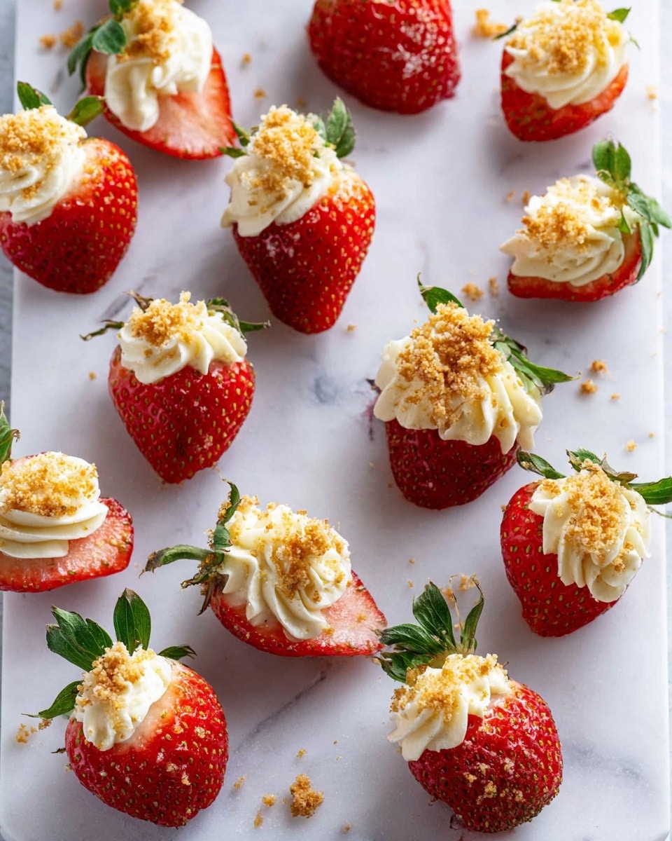 Several strawberry halves are arranged on a white marbled surface, each with bright red flesh and green leaves still attached. On top of each strawberry half is a swirl of creamy white filling, topped with a light sprinkle of golden crumbs, adding texture and contrast. The strawberries vary slightly in size but are neatly spaced out, showing their fresh and juicy details. Photo taken with an iphone --ar 4:5 --v 7