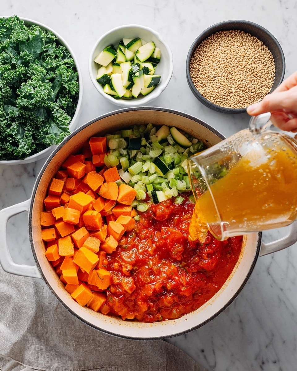 A white pot is filled with layered ingredients starting with orange cubes of sweet potato on the left, chopped celery pieces on the top right, and a hearty red tomato sauce covering most of the base. A woman's hand is pouring a golden broth from a clear glass container into the pot, creating a mix of colors and textures. Surrounding the pot on a white marbled surface are a white bowl with chopped green zucchini pieces at the top, a white bowl full of curly green kale leaves on the left, and a small dark bowl filled with small round beige grains on the bottom right. A light gray cloth is partially visible under the bowl of grains. photo taken with an iphone --ar 4:5 --v 7