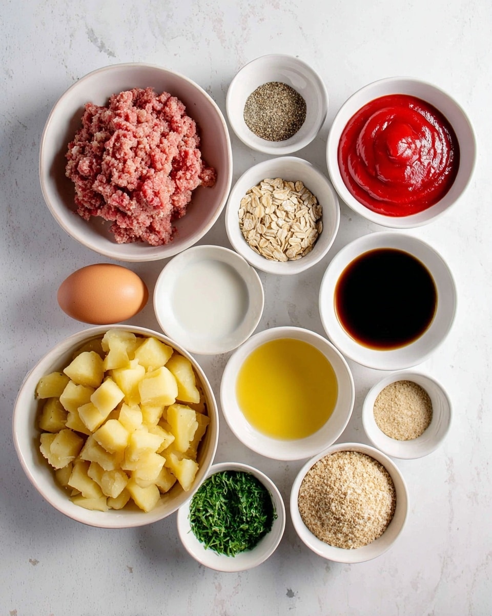 The image shows a neat arrangement of eleven white bowls and one egg on a white marbled surface. Starting from the bottom left, there's a large white bowl filled with chopped yellow potatoes. Above it and moving clockwise, there is a small bowl with dry oats mixed with herbs, a bowl with pink ground meat, a bowl with salt and black pepper, a bowl with light brown sugar, a bowl with smooth ketchup, a bowl with dark soy sauce, a small bowl with chopped green herbs, a tiny bowl with white milk, a bowl with light yellow olive oil, and a bowl with light brown breadcrumb mix. A single brown egg lies on the surface near the potato bowl. The photo was taken with an iphone --ar 4:5 --v 7