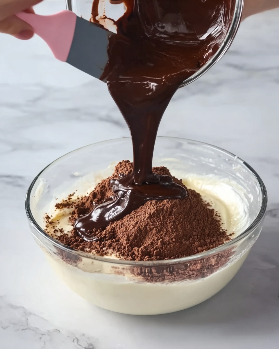 A clear glass bowl is filled with a creamy white mixture at the bottom layer, topped with a mound of dark brown cocoa powder in the middle. A thick, rich dark chocolate sauce is being poured slowly from a smaller clear bowl above, creating smooth, glossy, flowing streams over the cocoa powder. A woman's hand is holding a grey spatula with a pink silicone end, scraping the chocolate sauce from the smaller bowl. The bowl is placed on a white marbled surface. photo taken with an iphone --ar 4:5 --v 7