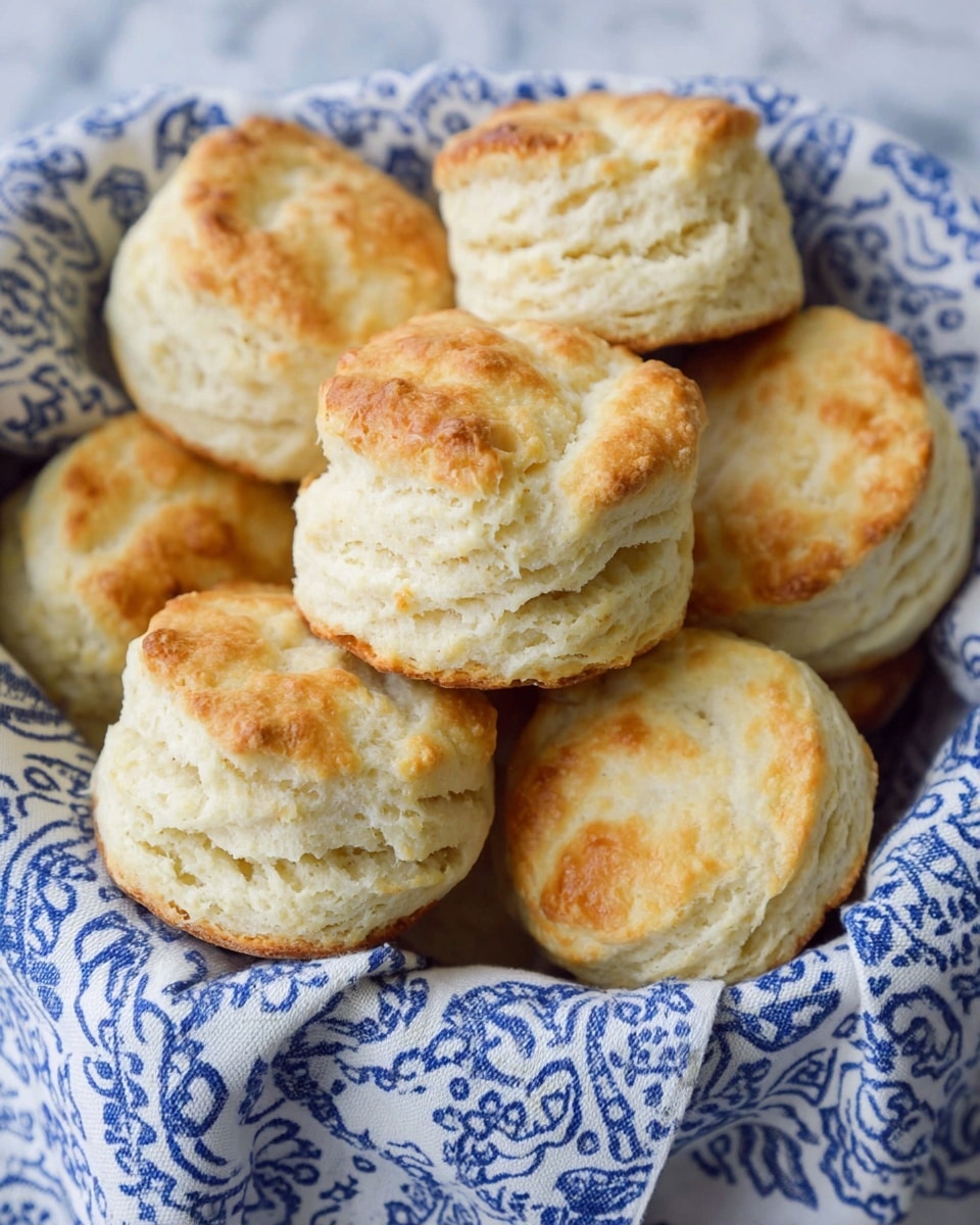 A close-up view of a basket filled with several golden brown biscuits. Each biscuit shows about three layers with a flaky texture, and the tops are uneven with a light crust that is slightly darker than the soft, pale inner layers. The biscuits are nestled on a white cloth with dark blue intricate patterns, which softly wraps around and lifts some biscuits at the edges. The background is a white marbled surface. photo taken with an iphone --ar 4:5 --v 7