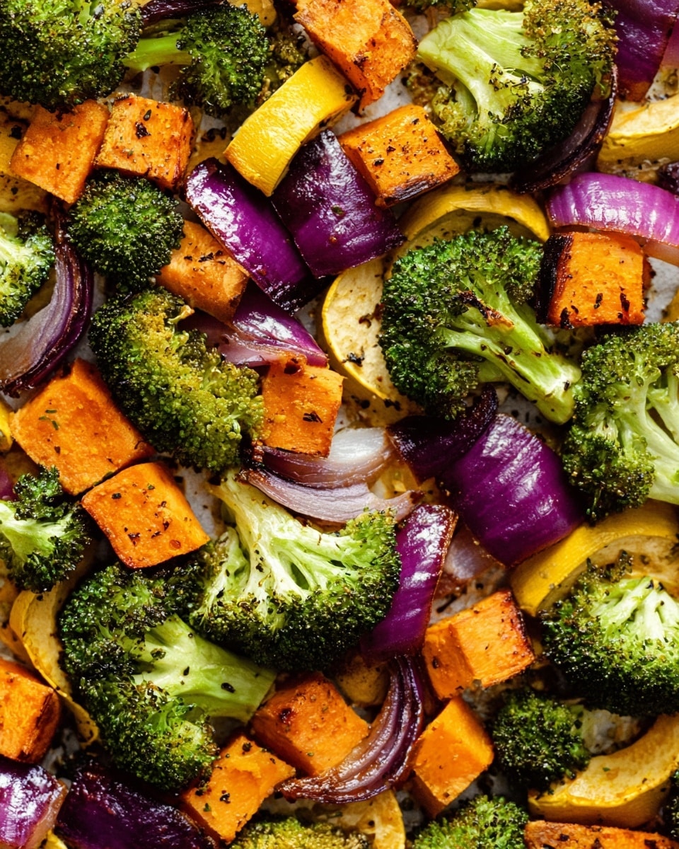 A close-up view of roasted vegetables spread out evenly, showing three main layers: the bright green broccoli florets with a slightly charred texture on top, underneath are chunks of orange sweet potato cubes and yellow squash pieces with a roasted, soft look, and scattered throughout are layers of purple-red onion wedges that have a caramelized, slightly crispy surface. The vegetables sit on a white marbled textured background, creating a vibrant mix of green, orange, yellow, and purple colors with some darker roasted spots, photo taken with an iphone --ar 4:5 --v 7