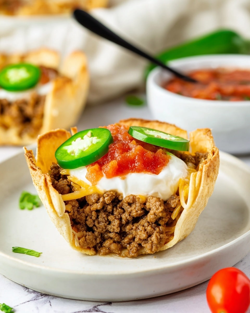 The image shows a close-up of a two-layer taco cup on a white plate with a white marbled background. The bottom layer is a crispy tortilla cup with a light tan color and slightly curled edges. Inside the tortilla cup is a thick layer of cooked ground beef with a crumbly texture and brown color. On top of the beef is a smooth white layer of sour cream, followed by a small spoonful of bright red chunky salsa. Two fresh green jalapeño slices decorate the top layer, adding a pop of color. In the background, there is a blurred bowl of red salsa with a black spoon, some green jalapeño slices, and small red tomatoes for garnish. Photo taken with an iphone --ar 4:5 --v 7