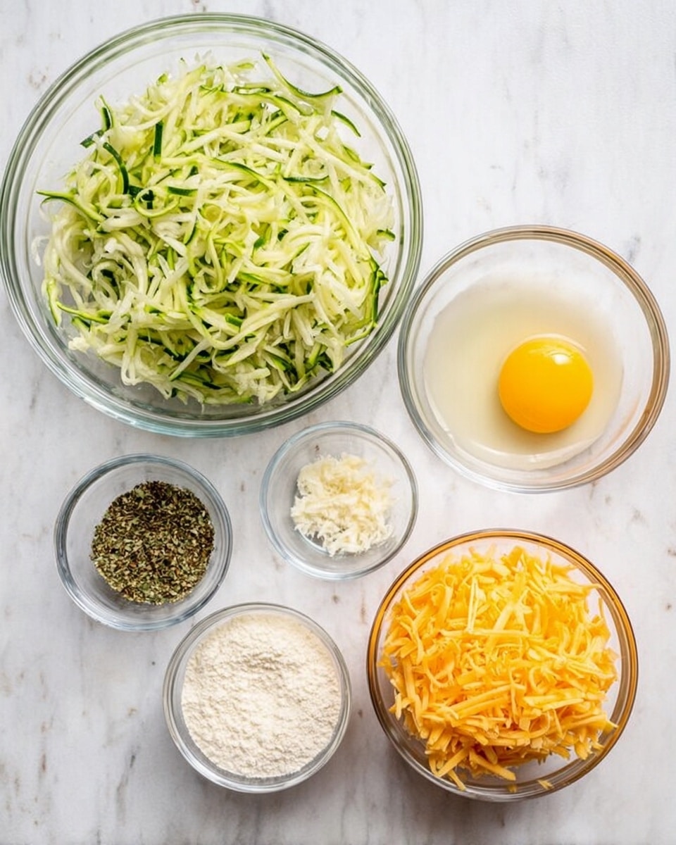 A top-down view shows five clear glass bowls placed on a white marbled surface. The largest bowl, positioned upper left, is filled with shredded light green zucchini with some white parts visible. To the right of it is a medium bowl with one raw egg, showing a bright yellow yolk and clear egg white. Below the egg bowl, a bowl contains shredded orange cheddar cheese with a soft texture. In the center below the zucchini bowl, a small bowl holds white flour or grated parmesan cheese with a fine texture. To the left of that bowl, there is another small bowl containing a mixture of dried herbs and black pepper, displaying green, brown, and black specks. photo taken with an iphone --ar 4:5 --v 7