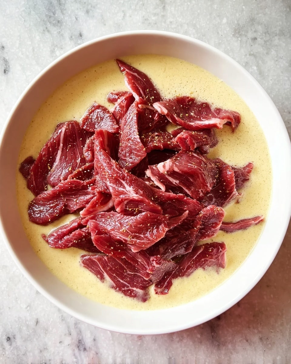 In the white bowl, there is a creamy, light yellow sauce that forms the base and fills the bottom and edges. On top of this sauce are multiple pieces of raw red meat strips, laid in a loose pile in the center. The meat has thin white lines of fat running through each piece, with a raw, fresh texture. The whole bowl is placed on a white marbled surface. photo taken with an iphone --ar 4:5 --v 7