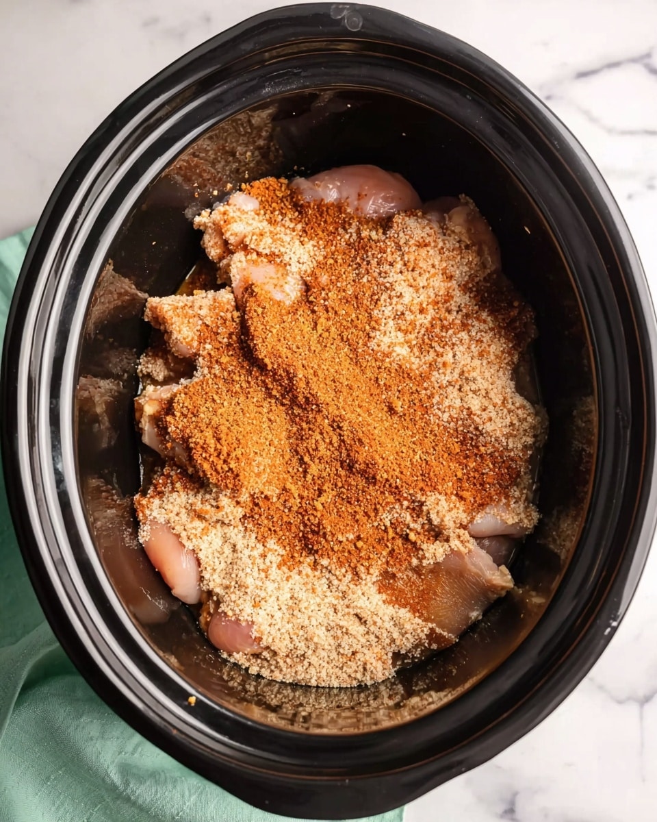 A black slow cooker filled with raw chicken pieces at the bottom layer, topped with a thick layer of reddish-orange spice powder and a generous dusting of light brown sugar, creating a textured contrast on top. The chicken skin peeks through the spices in some spots, adding a pale pinkish color beneath the layers. The slow cooker rests on a white marbled surface with a mint green cloth partially visible on the bottom left side. photo taken with an iphone --ar 4:5 --v 7