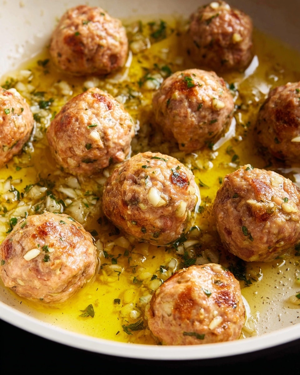 The image shows a close-up view of a white pan filled with several light brown raw meatballs seasoned with visible bits of herbs and garlic. The meatballs are round and uneven in texture, sitting in a shiny pool of yellow olive oil mixed with finely chopped garlic and greenish herb pieces spread unevenly across the bottom of the pan. The white marbled surface is only partially visible around the edge of the pan. Photo taken with an iphone --ar 4:5 --v 7