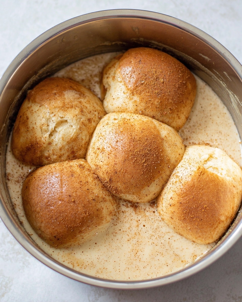 The image shows five soft, golden brown dinner rolls soaking in a creamy, light tan sauce speckled with cinnamon. The rolls have a smooth, shiny texture on top with gentle cracks and are partially submerged in the sauce inside a round, silver metal bowl. The sauce coats the bottom and sides of the bowl, and the inside surface of the bowl reflects the light with tiny droplets of sauce spotted. The white marbled surface underneath the bowl is slightly visible around the edges. Photo taken with an iphone --ar 4:5 --v 7
