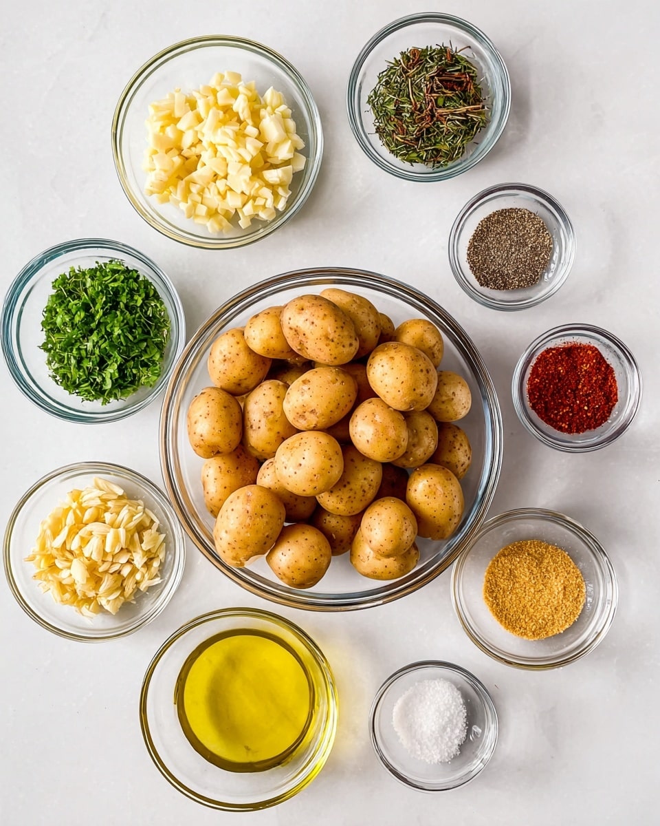 The image shows a large glass bowl at the bottom center filled with many small, light brown potatoes. Around it, eight smaller glass bowls are arranged on a white marbled surface. Starting from the top left and moving clockwise: a bowl with green and brown dried herbs, a bowl with fresh green chopped leaves, a bowl with mixed small dried herbs, a bowl with white salt and black pepper side by side, a bowl with bright red spice powder, a bowl with yellowish granulated seasoning, and a bowl with a yellow liquid resembling oil. Near the top left corner, a bowl holds chopped pale yellow garlic. The arrangement is neat, with all bowls transparent and placed on the white marbled background. photo taken with an iphone --ar 4:5 --v 7