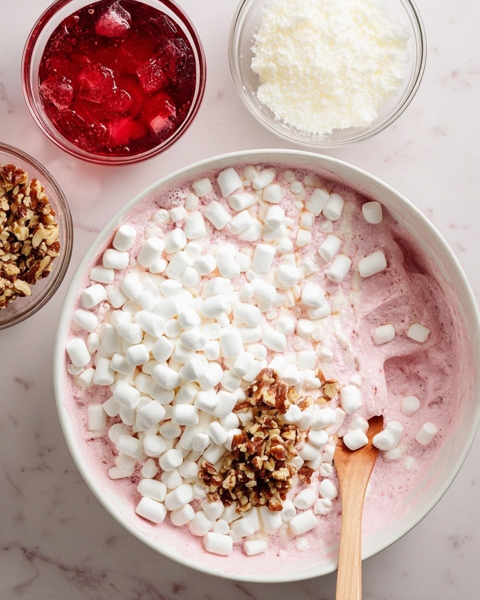 A large white bowl filled with a pink creamy mixture as the base layer, topped with a thick layer of small white marshmallows covering most of the surface, and a cluster of chopped brown nuts placed on one side near the wooden spoon inside the bowl. Surrounding the bowl are three clear glass bowls with leftovers: one with red jelly, one with white cream, and one with small chopped nuts. The scene is set on a white marbled surface with soft, natural lighting. photo taken with an iphone --ar 4:5 --v 7