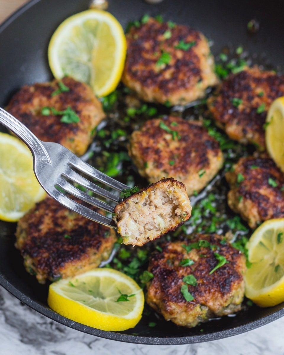The image shows a black pan filled with about eight golden-brown patties, each topped with small pieces of bright green herbs. Among the patties, there are six slices of lemon with light yellow flesh and a thin white rind arranged around them. In the foreground, a silver fork holds one patty close to the camera, showing its inside texture, which is light brown and looks soft and moist. The black pan contrasts with the bright lemon slices and green herbs, and the scene is set on a white marbled surface. photo taken with an iphone --ar 4:5 --v 7