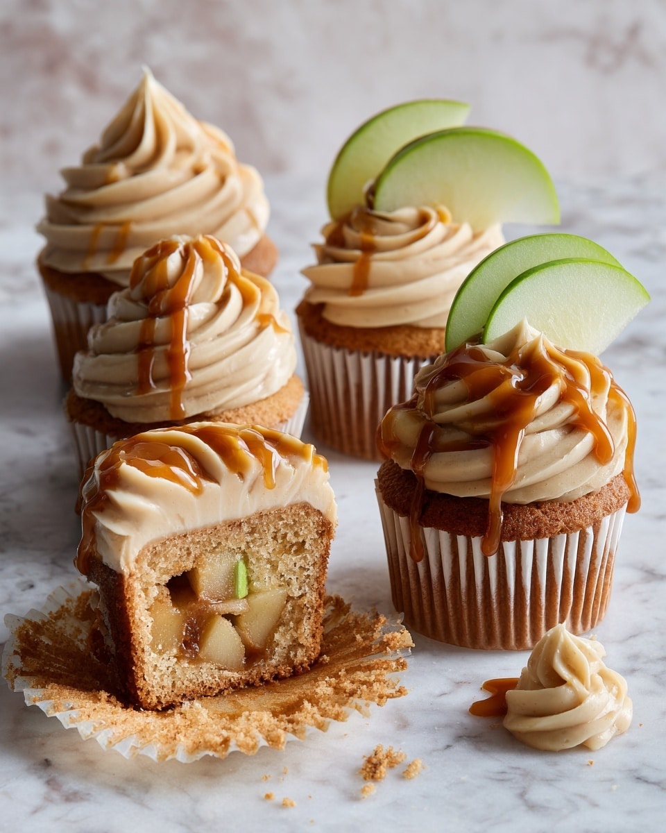 The image shows five cupcakes on a white marbled surface, each with a light brown cake base. Four cupcakes have smooth, creamy beige frosting swirled on top, with caramel sauce drizzled over the frosting. One cupcake is cut in half, revealing pieces of apple inside the moist cake, with frosting and caramel on top. One whole cupcake is decorated with a thin green apple slice on the side of the frosting. Some crumbs and extra frosting dollops are visible on the surface, with the cupcakes sitting inside white paper liners. photo taken with an iphone --ar 4:5 --v 7