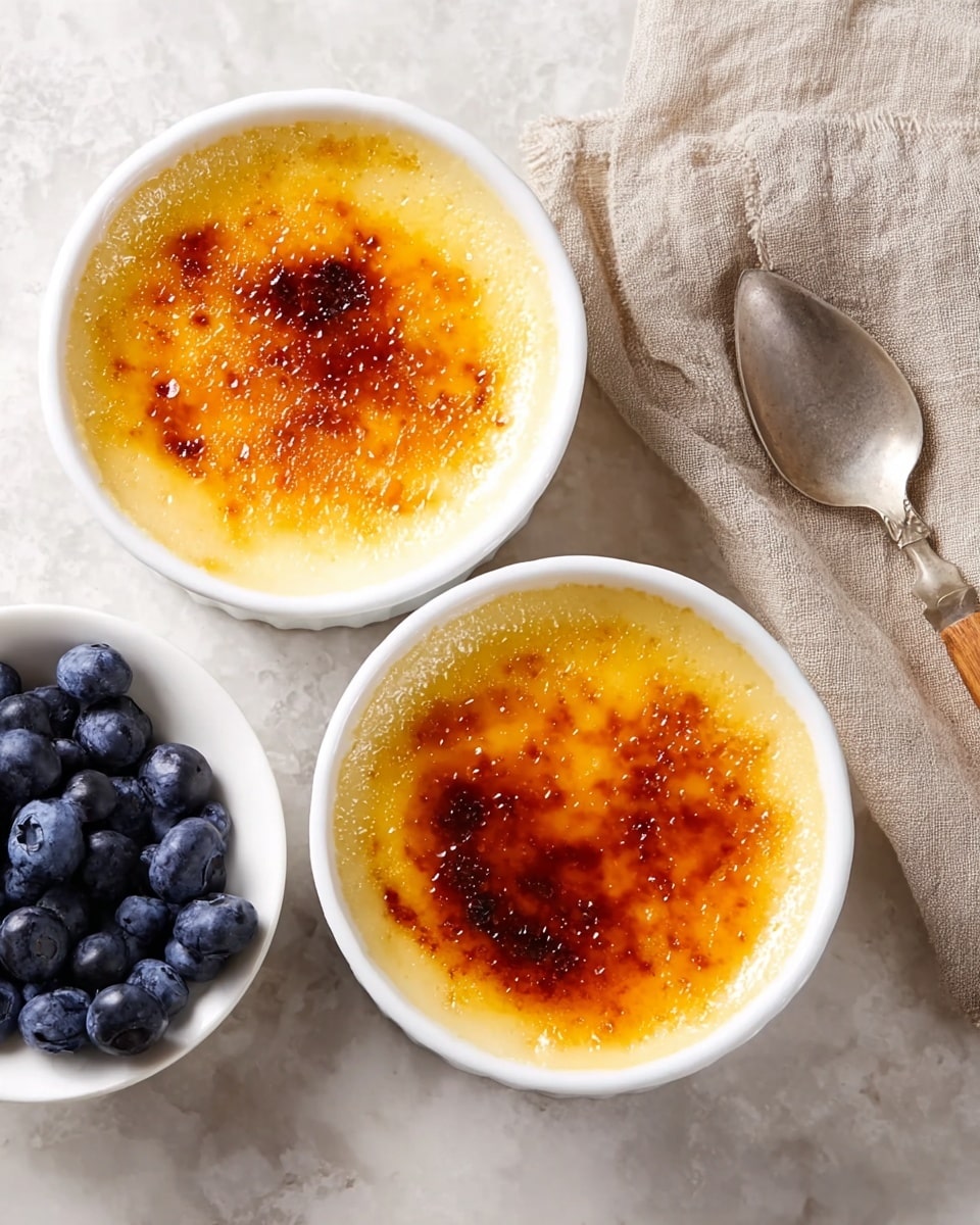 Two white round ramekins filled with creamy, pale yellow custard topped with a thin, caramelized golden-brown crust that has slightly darker toasted spots scattered across the surface. The ramekins sit on a white marbled table, with a small white bowl of plump, dark blueberries to the side. A silver spoon with a wooden handle rests nearby, and a folded light beige linen napkin lies in the upper right corner. Photo taken with an iphone --ar 4:5 --v 7