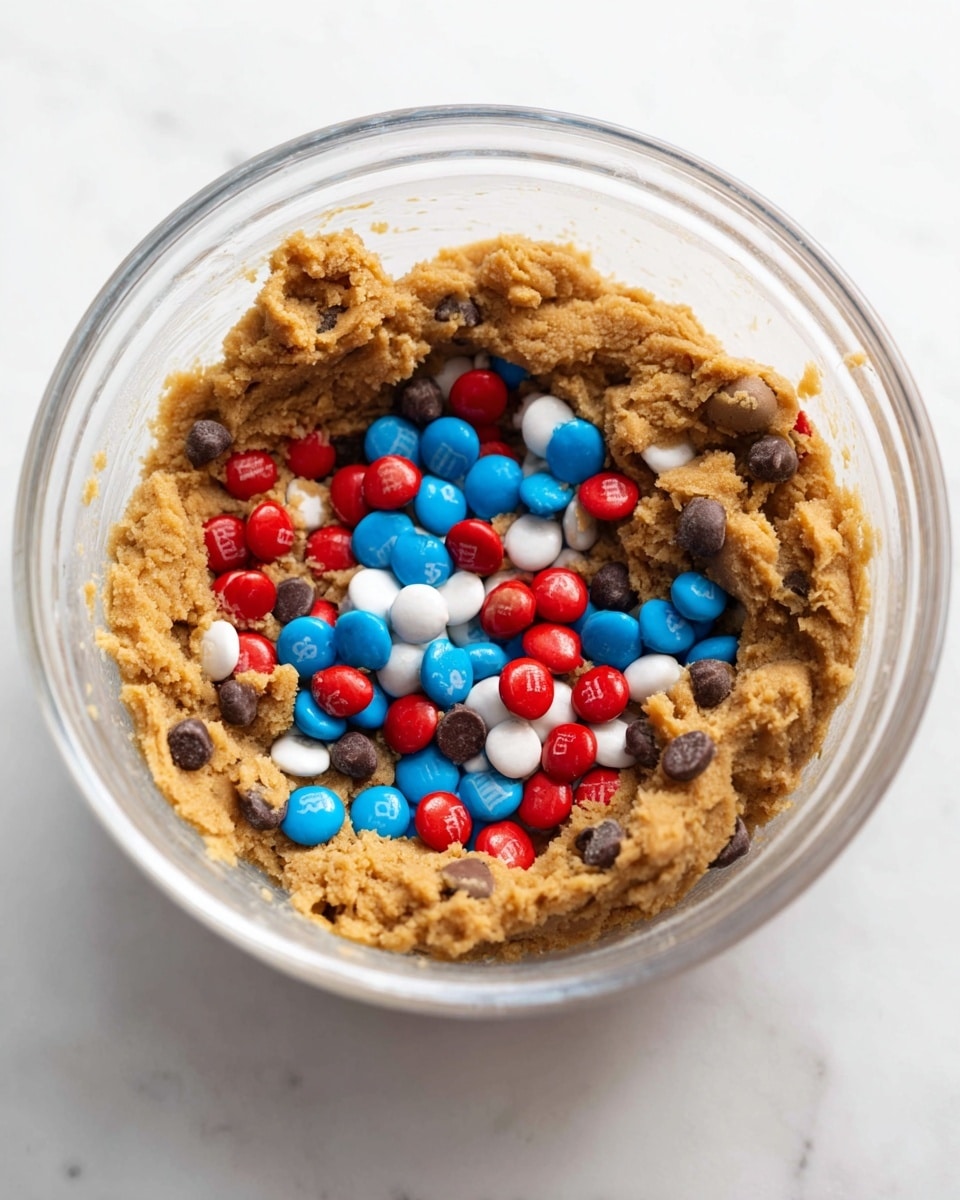 A clear glass bowl holds thick, light brown cookie dough pressed around the sides with a rough and sticky texture, leaving an open center filled with three types of small candies: red, white, and blue round candies with a smooth shiny surface, and dark brown chocolate chips scattered among them. The bowl sits on a white marbled surface, and the image is brightly lit, highlighting the contrast between the dough and colorful candies. photo taken with an iphone --ar 4:5 --v 7