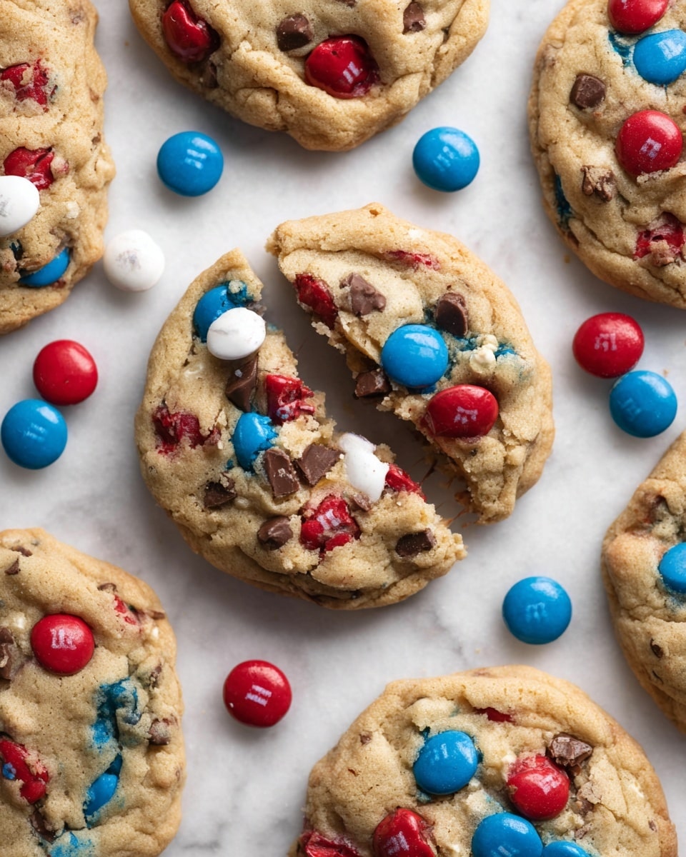 The image shows several round cookies with a light golden-brown color and a slightly rough texture. Each cookie is topped with colorful red, blue, and white candy-coated chocolates scattered across the surface, with some visible melted brown chocolate chips embedded within. One cookie in the center is broken into two pieces, revealing a soft, chewy inside. Around the cookies are loose candy-coated chocolates in the same red, blue, and white colors, resting on a white marbled textured background. photo taken with an iphone --ar 4:5 --v 7