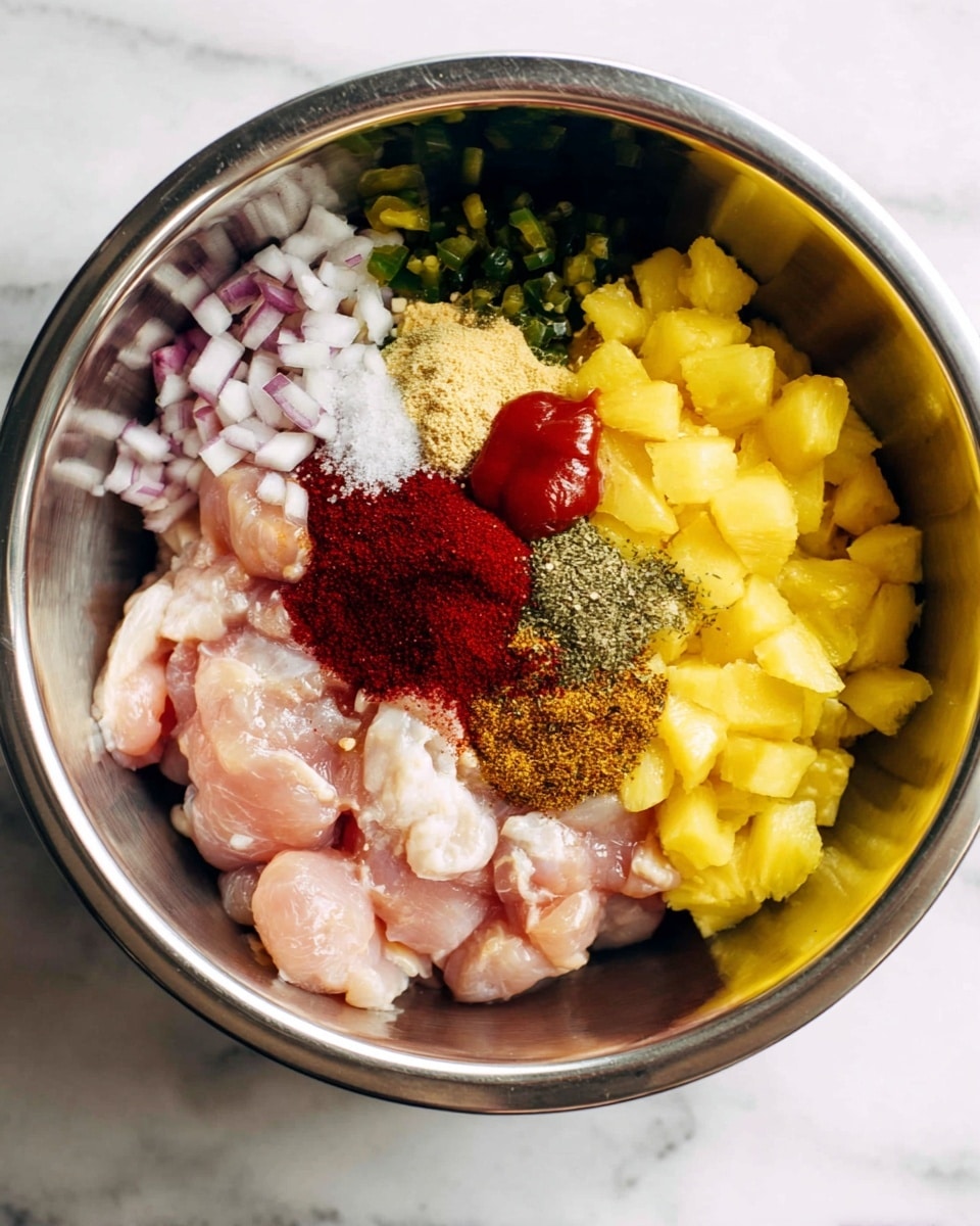 Inside a shiny metal bowl on a white marbled surface, there are several layers of ingredients. The bottom layer is light pink raw chicken pieces. On top of the chicken, starting from the bottom left, there are small chopped white garlic pieces, coarse white salt, and diced light purple shallots. Next to the shallots, there is a mound of dark red paprika powder. Above the paprika and salt, bright yellow chopped pineapple chunks cover the right side of the bowl. Near the top left, there are dark green chopped jalapeños and a small heap of ground brown spice. Just above the chicken and to the center-left, there is a small red dollop of ketchup and a yellow mustard sauce underneath the pineapple. The image is bright and focused, showing fresh and colorful ingredients. Photo taken with an iphone --ar 4:5 --v 7