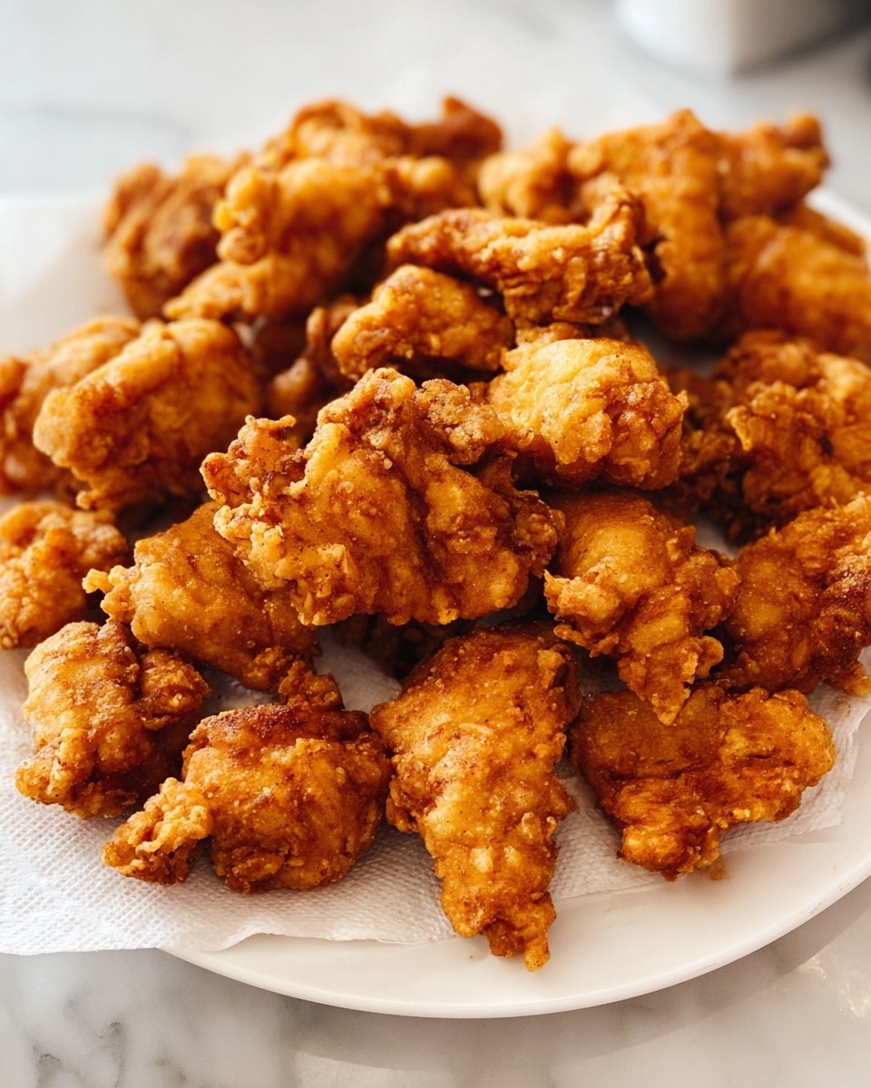 The image shows a white plate full of small golden brown fried chicken pieces with a crispy, uneven texture. The chicken pieces are piled up, covering the whole plate with some pieces resting on a white paper towel underneath, absorbing oil. The chicken's crust looks crunchy and well-fried, with light and darker brown spots giving a rough and crispy look. The plate sits on a white marbled surface. photo taken with an iphone --ar 4:5 --v 7